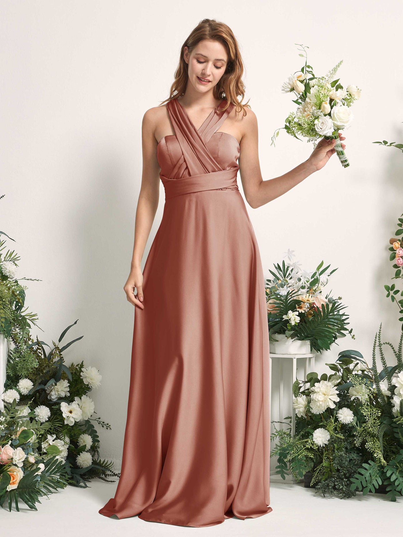 Raw Sienna Bridesmaid Dresses Bridesmaid Dress A-line Satin Halter Full Length Short Sleeves Wedding Party Dress (81226415)#color_raw-sienna