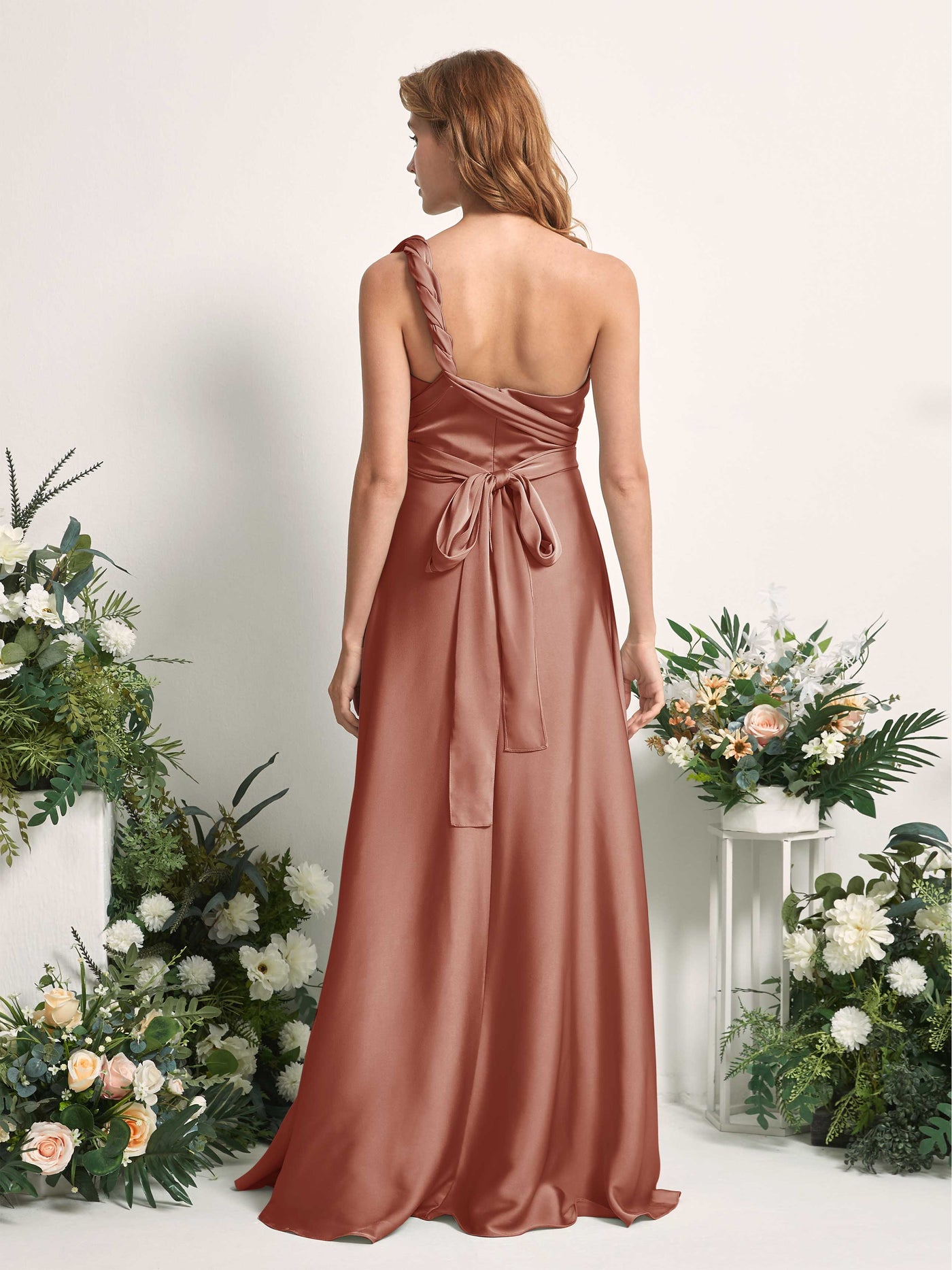 Raw Sienna Bridesmaid Dresses Bridesmaid Dress A-line Satin Halter Full Length Short Sleeves Wedding Party Dress (81226415)#color_raw-sienna