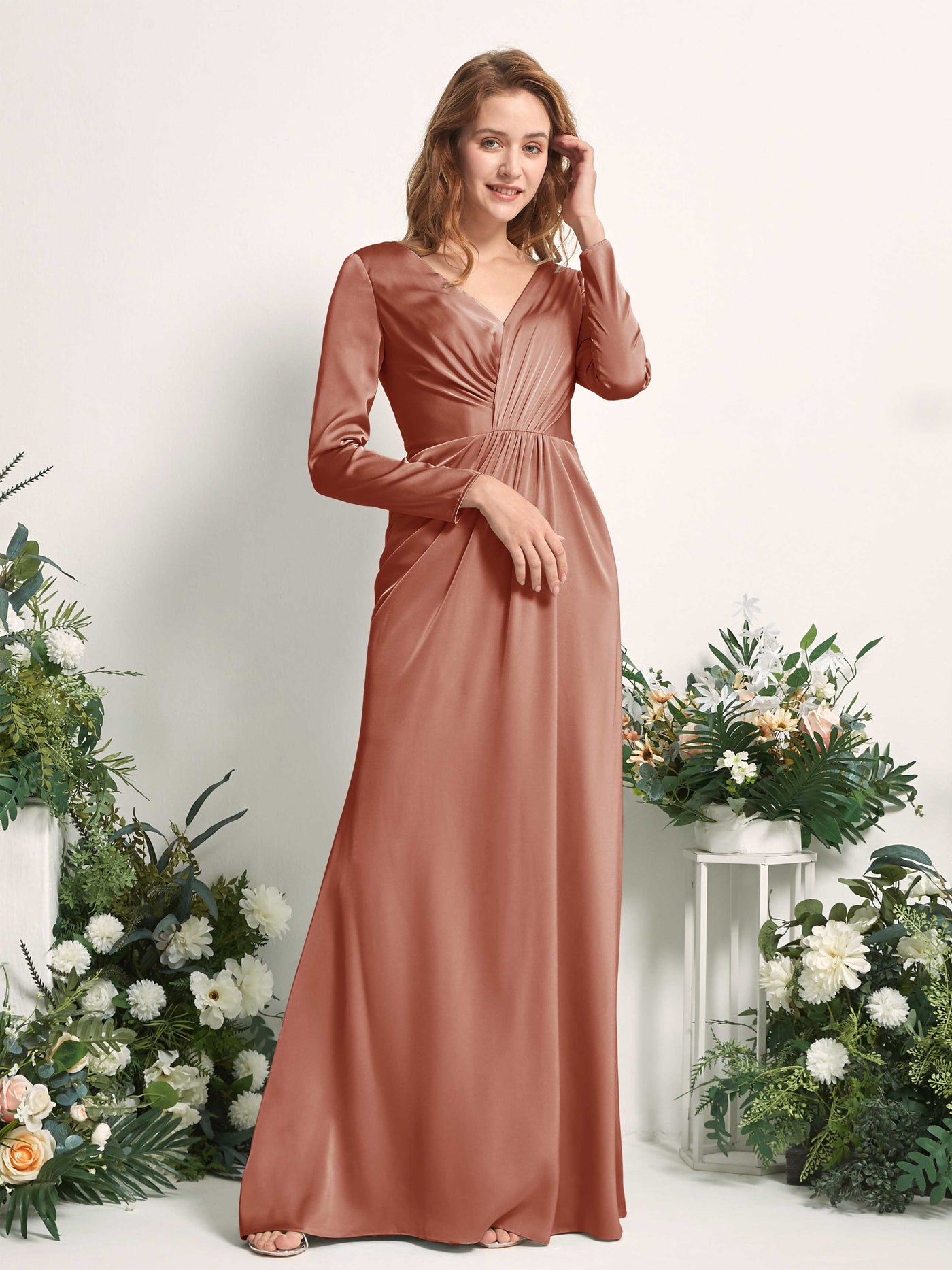 Raw Sienna Bridesmaid Dresses Bridesmaid Dress A-line Satin V-neck Full Length Long Sleeves Wedding Party Dress (80225815)#color_raw-sienna