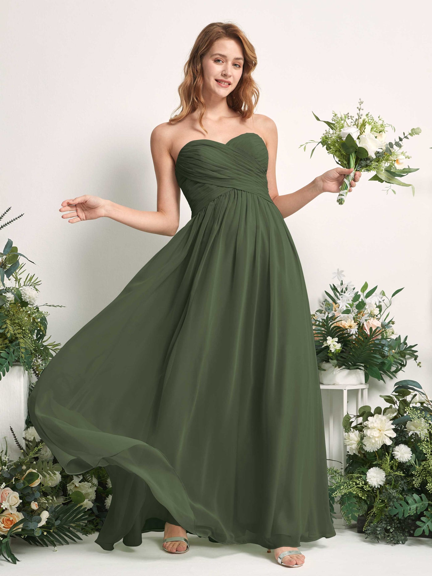 Bridesmaid Dress A-line Chiffon Sweetheart Full Length Sleeveless Wedding Party Dress - Martini Olive (81226907)#color_martini-olive