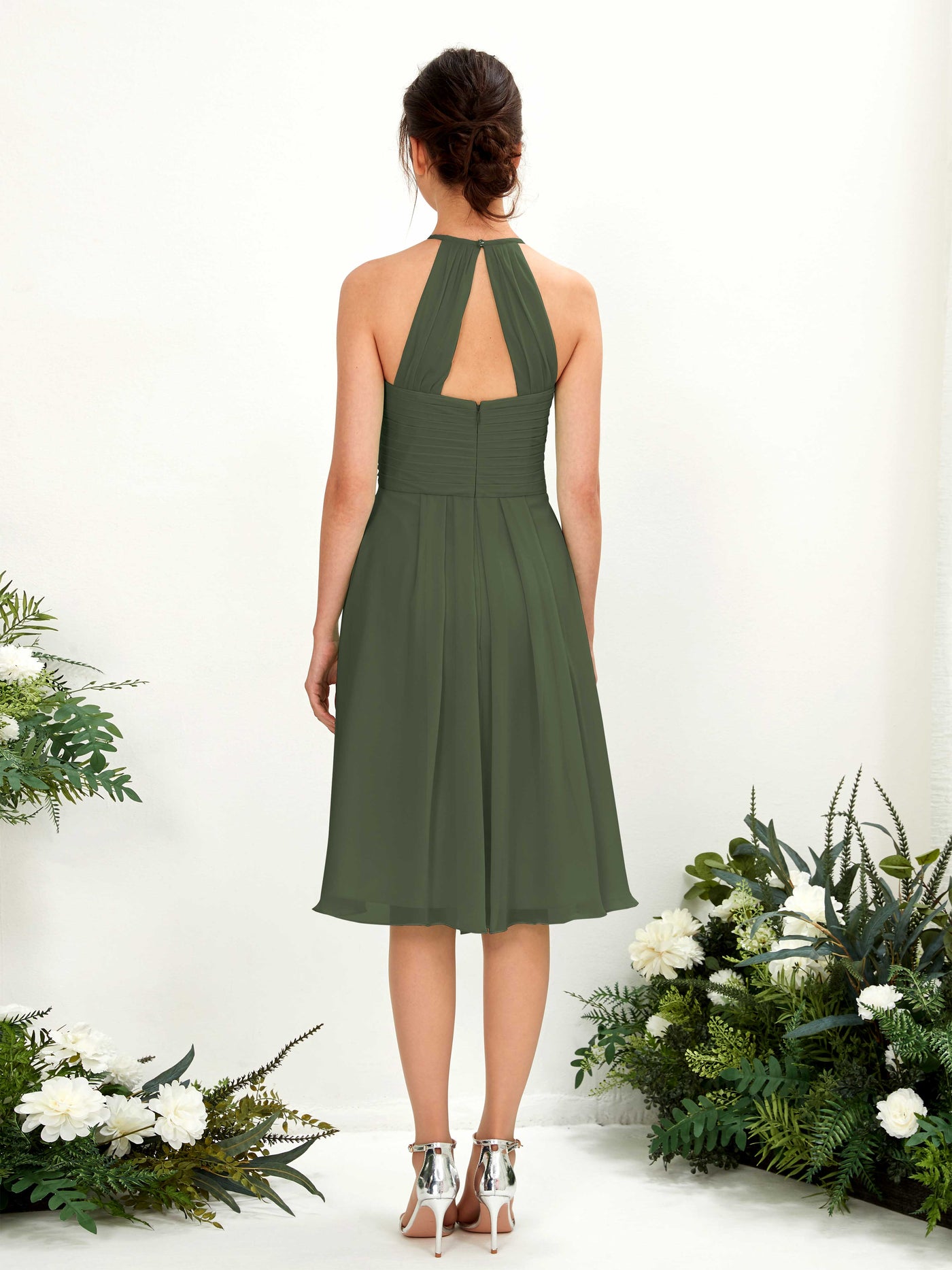 A-line Halter Sleeveless Chiffon Bridesmaid Dress - Martini Olive (81220407)#color_martini-olive