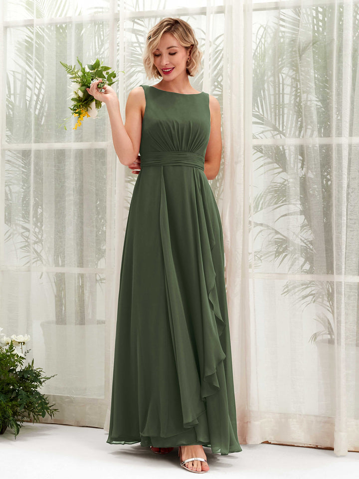 A-line Bateau Sleeveless Chiffon Bridesmaid Dress - Martini Olive (81225807)