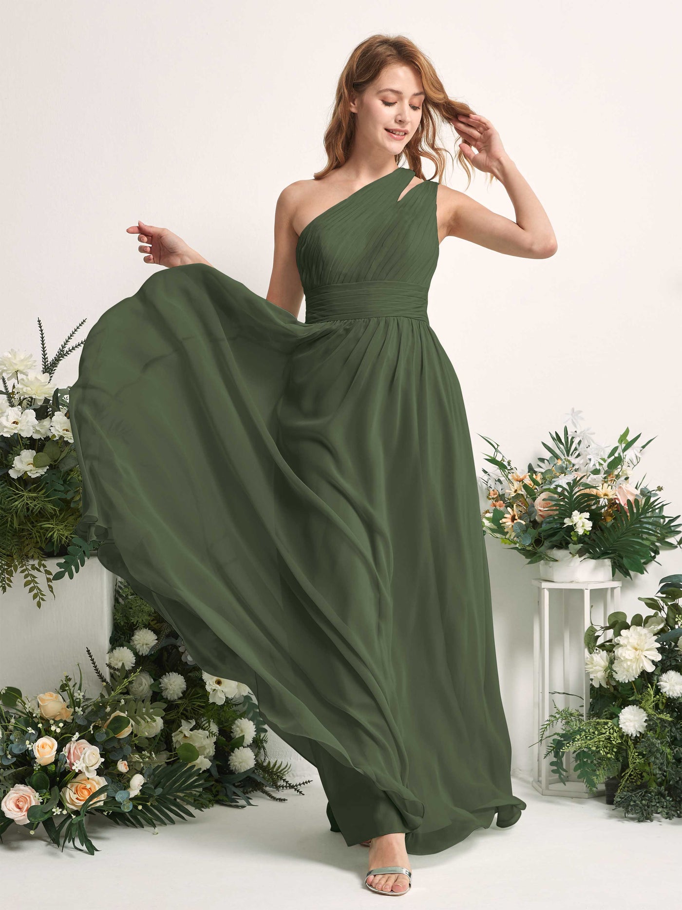 Carlyna Evelyn A-Line Martini Olive Bridesmaid Dress Maxi Sleeveless One Shoulder Dress #color_martini-olive