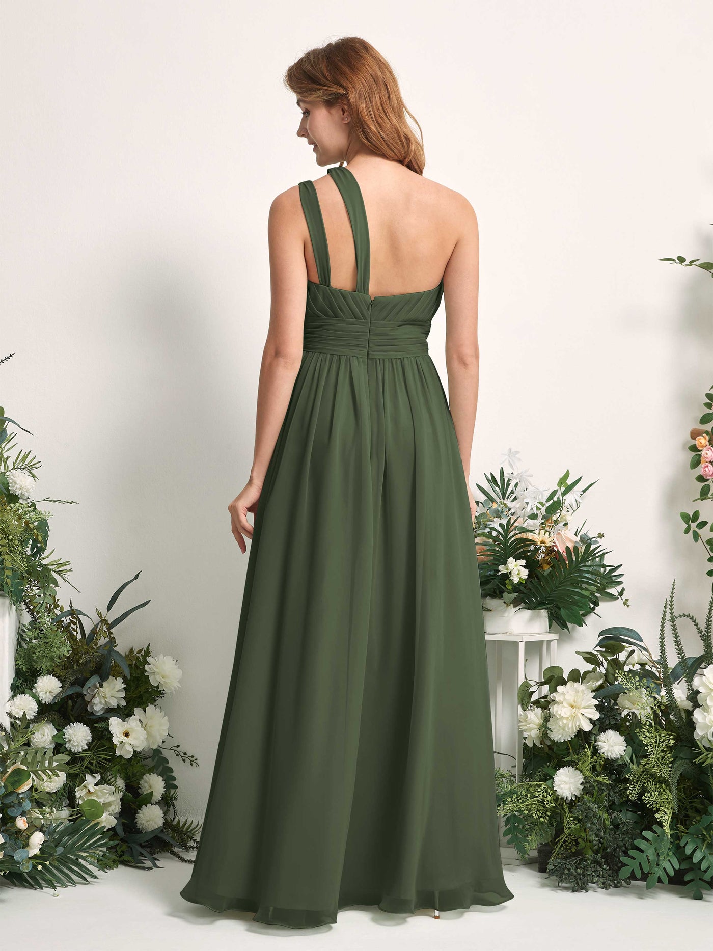 Carlyna Evelyn A-Line Martini Olive Bridesmaid Dress Maxi Sleeveless One Shoulder Dress #color_martini-olive