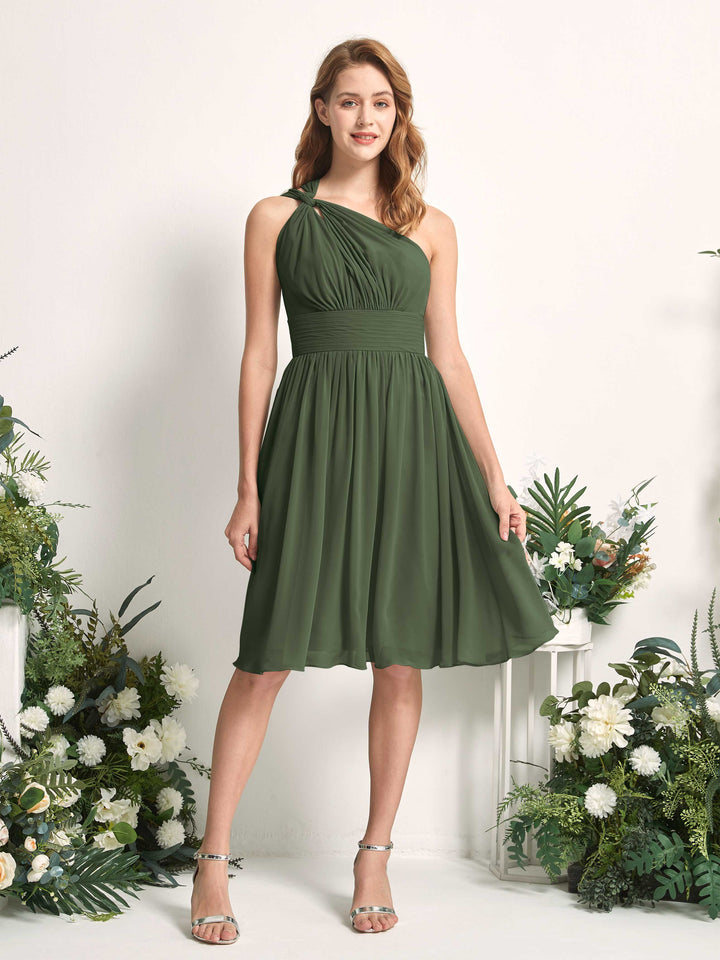 Carlyna Echo A-Line Martini Olive Bridesmaid Dress Knee-Length Sleeveless One Shoulder Dress 