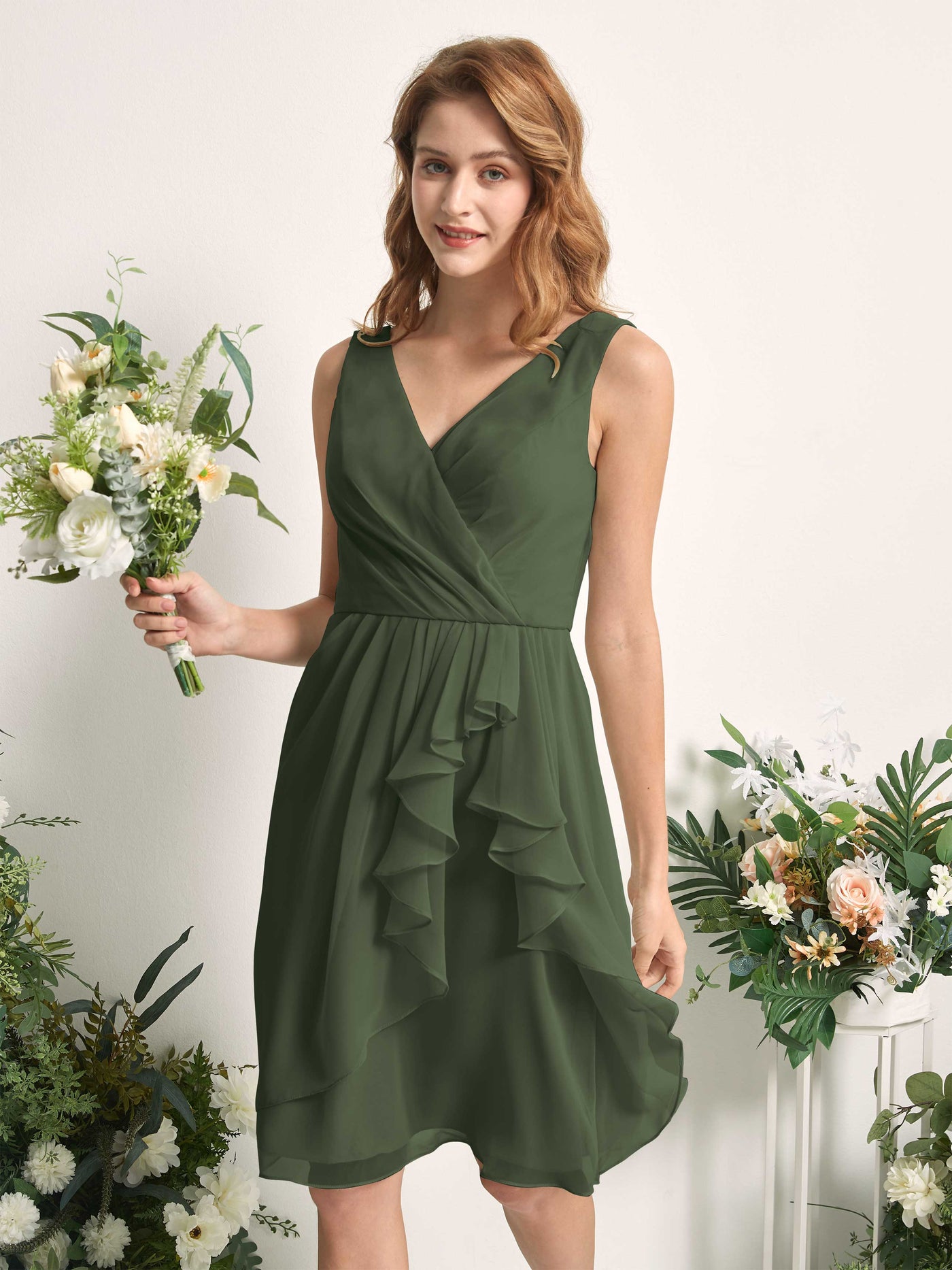 Bridesmaid Dress A-line Chiffon Straps Knee Length Sleeveless Wedding Party Dress - Martini Olive (81226607)#color_martini-olive