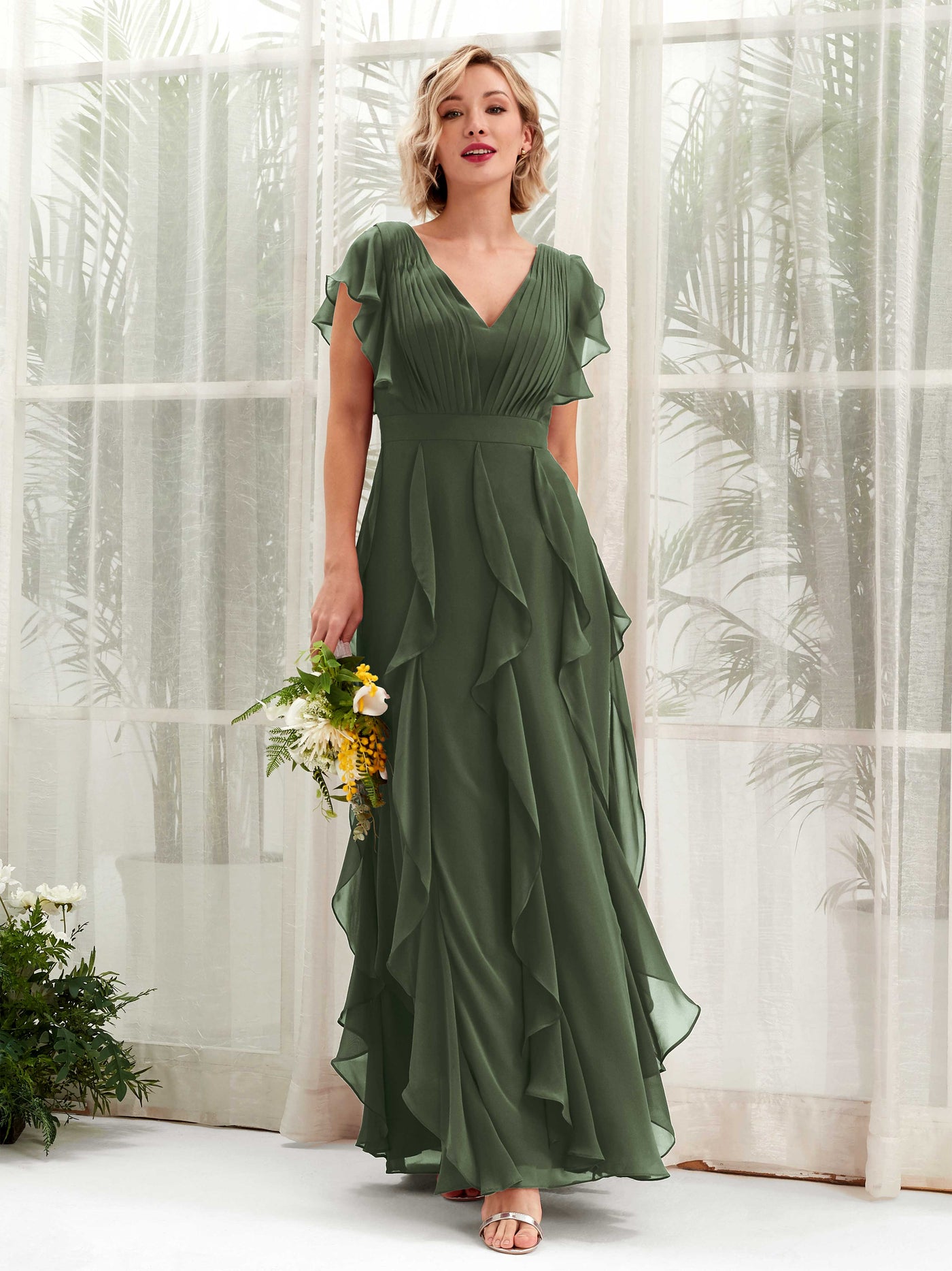 Carlyna Cynthia A-Line Martini Olive Bridesmaid Dress Maxi Cap Sleeve V-Neck Dress #color_martini-olive