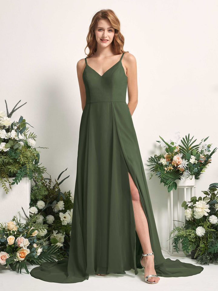 Bridesmaid Dress A-line Chiffon Spaghetti-straps Full Length Sleeveless Wedding Party Dress - Martini Olive (81227707)