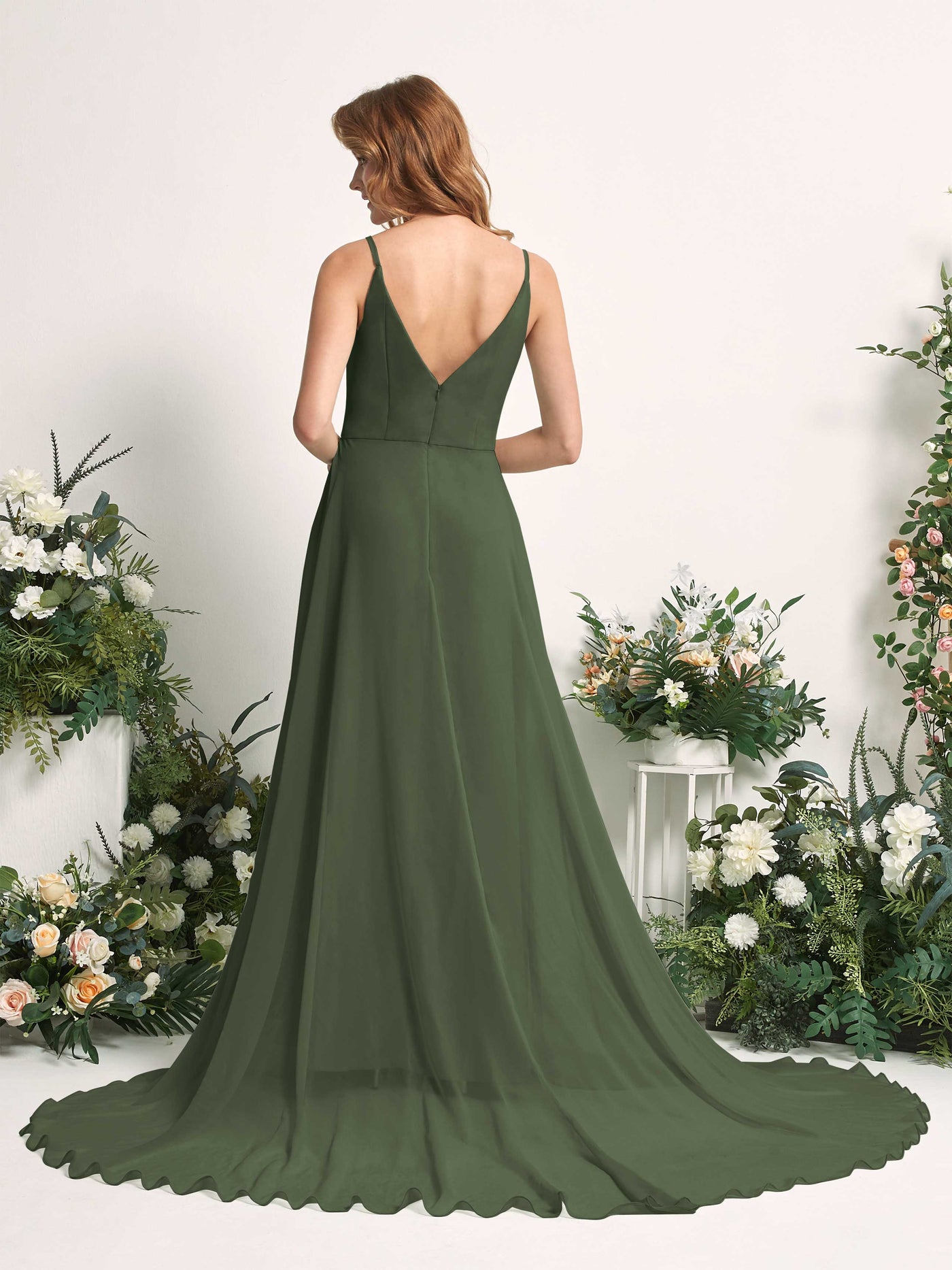 Bridesmaid Dress A-line Chiffon Spaghetti-straps Full Length Sleeveless Wedding Party Dress - Martini Olive (81227707)#color_martini-olive