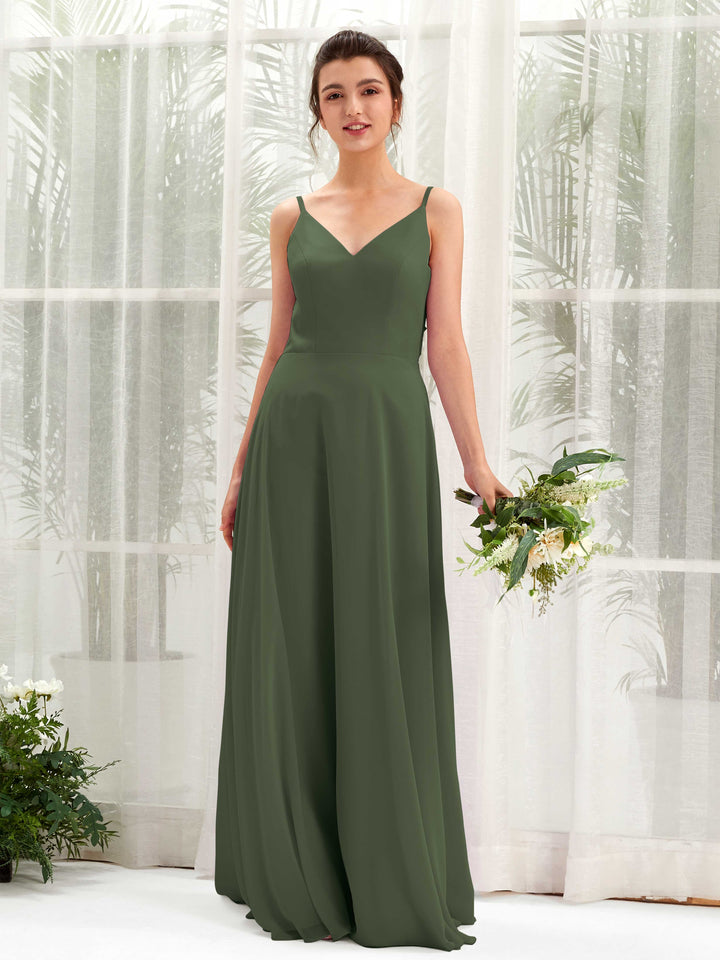 A-line Spaghetti-straps V-neck Sleeveless Chiffon Bridesmaid Dress - Martini Olive (81220607)