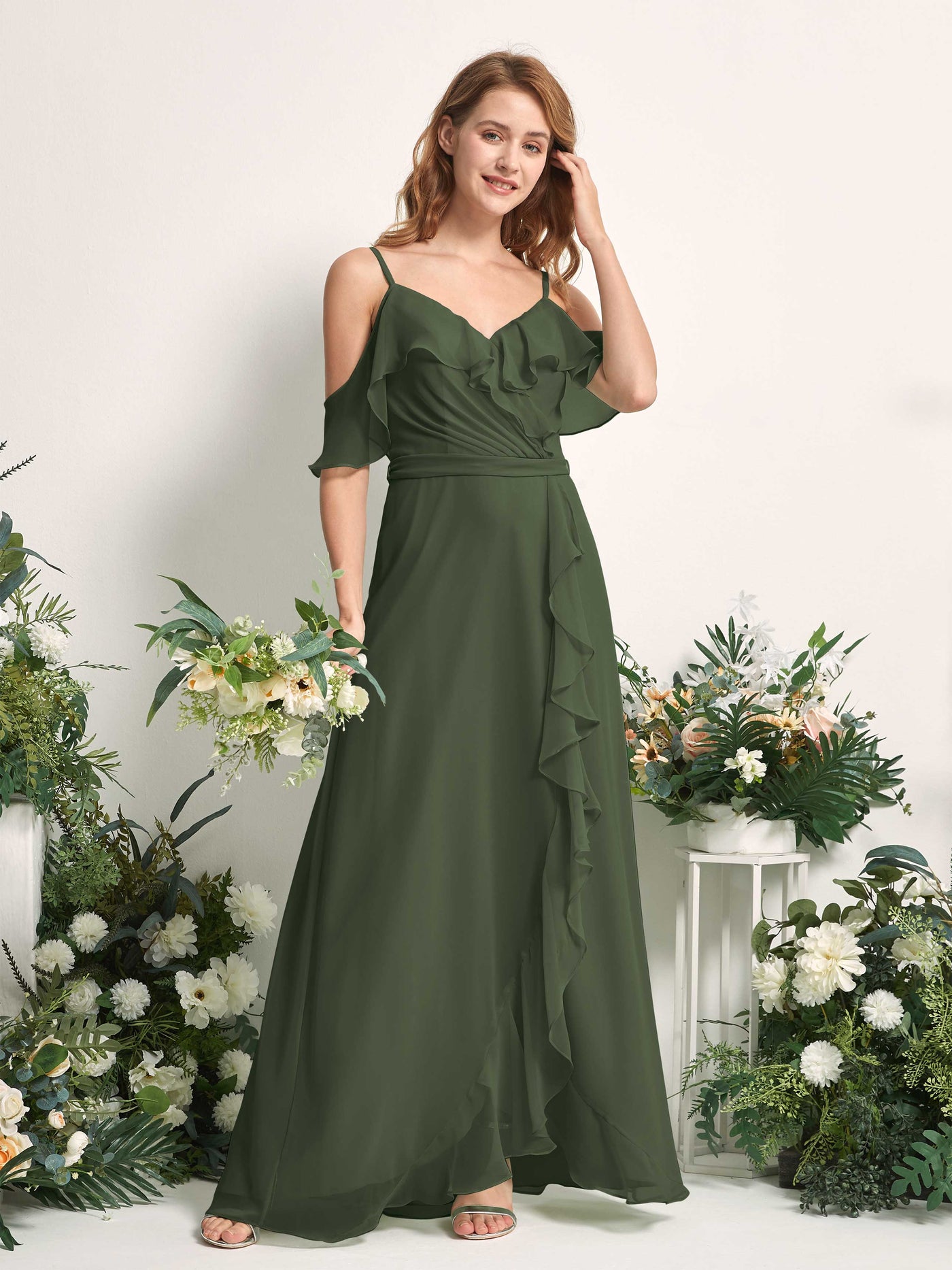 Carlyna Yvette A-Line Martini Olive Bridesmaid Dress Maxi Sleeveless V-Neck Dress #color_martini-olive