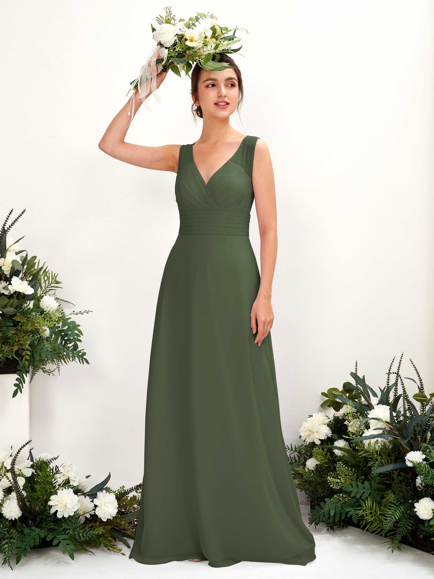 Carlyna Karen A-Line Martini Olive Bridesmaid Dress Maxi Sleeveless V-Neck Dress #color_martini-olive