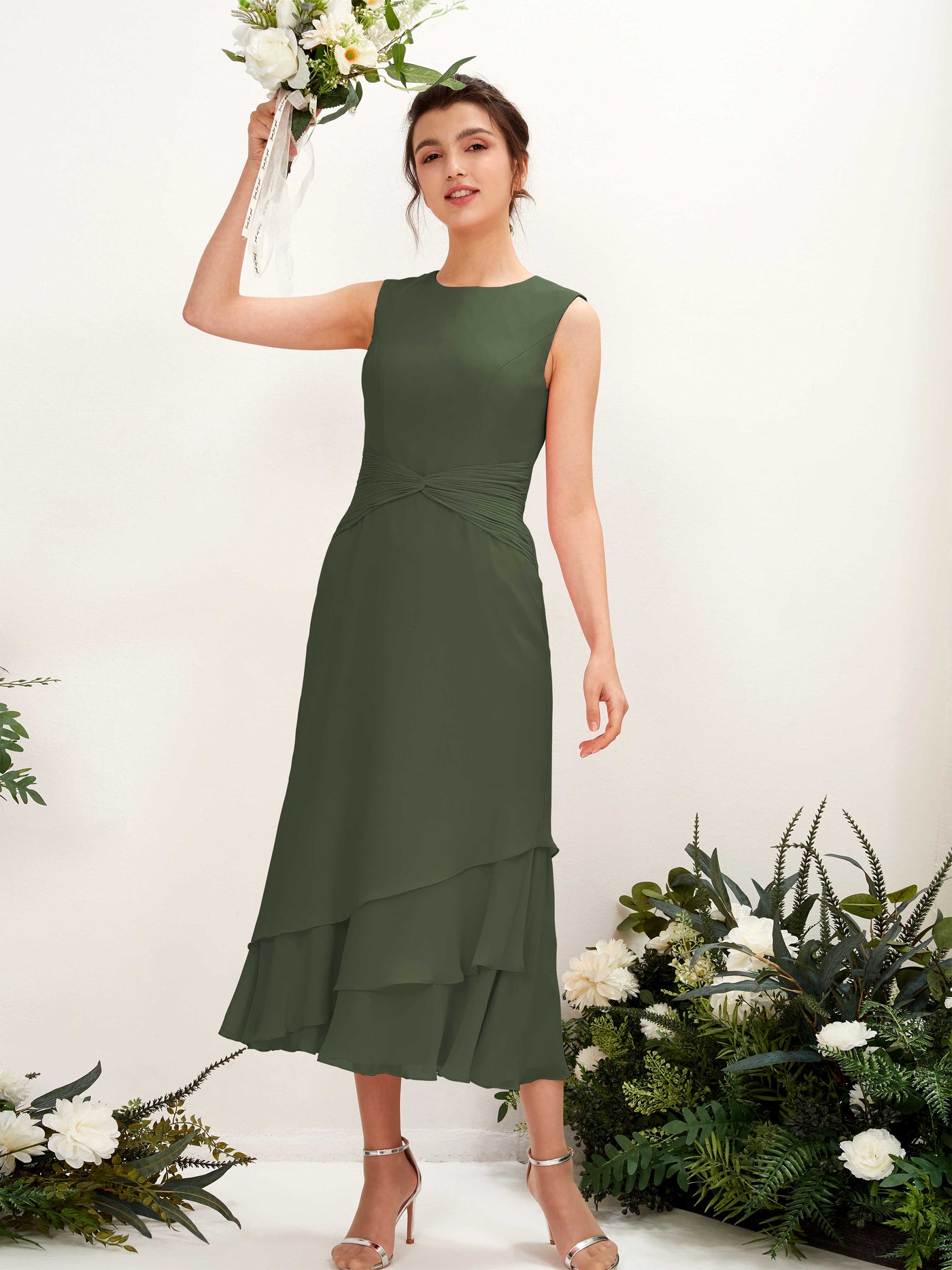 Mermaid/Trumpet Round Sleeveless Chiffon Bridesmaid Dress - Martini Olive (81221907)#color_martini-olive