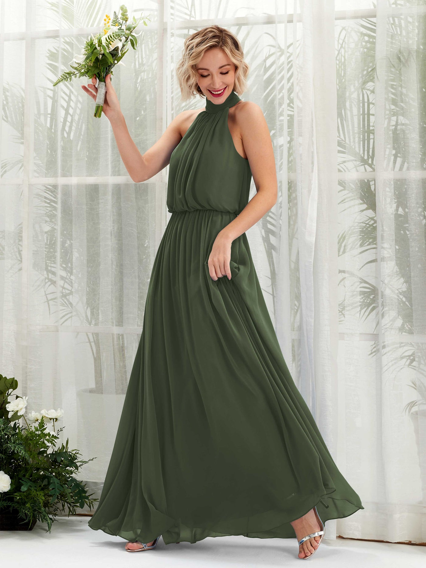 Halter Sleeveless Chiffon Bridesmaid Dress - Martini Olive (81222907)#color_martini-olive