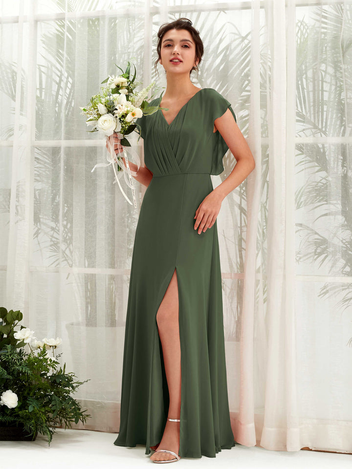 V-neck Cap Sleeves Bridesmaid Dress - Martini Olive (81225607)