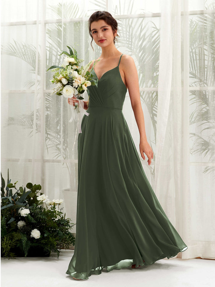 Spaghetti-straps V-neck Sleeveless Bridesmaid Dress - Martini Olive (81224207)