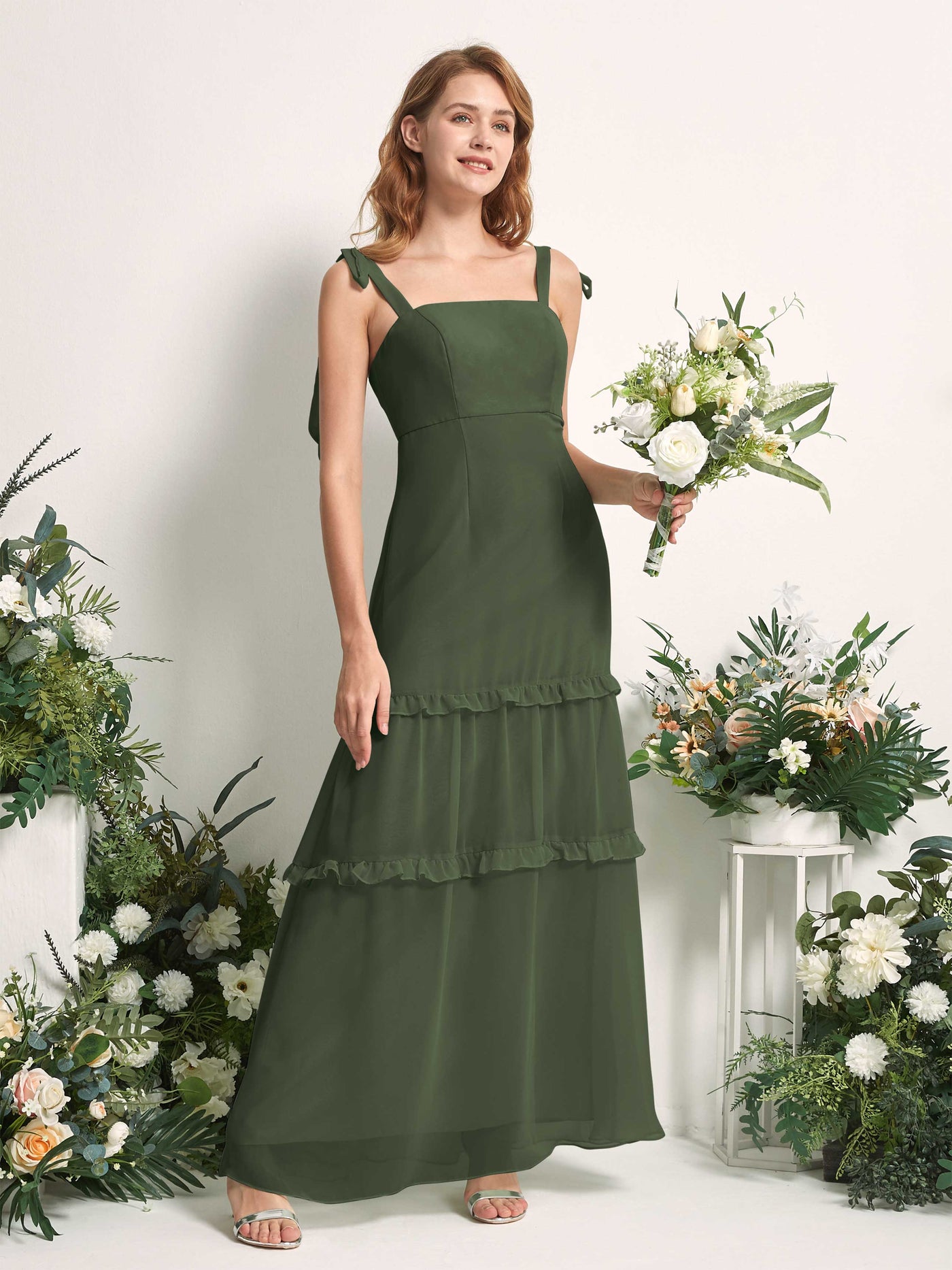 Bridesmaid Dress Chiffon Straps Full Length Sleeveless Wedding Party Dress - Martini Olive (81227507)#color_martini-olive