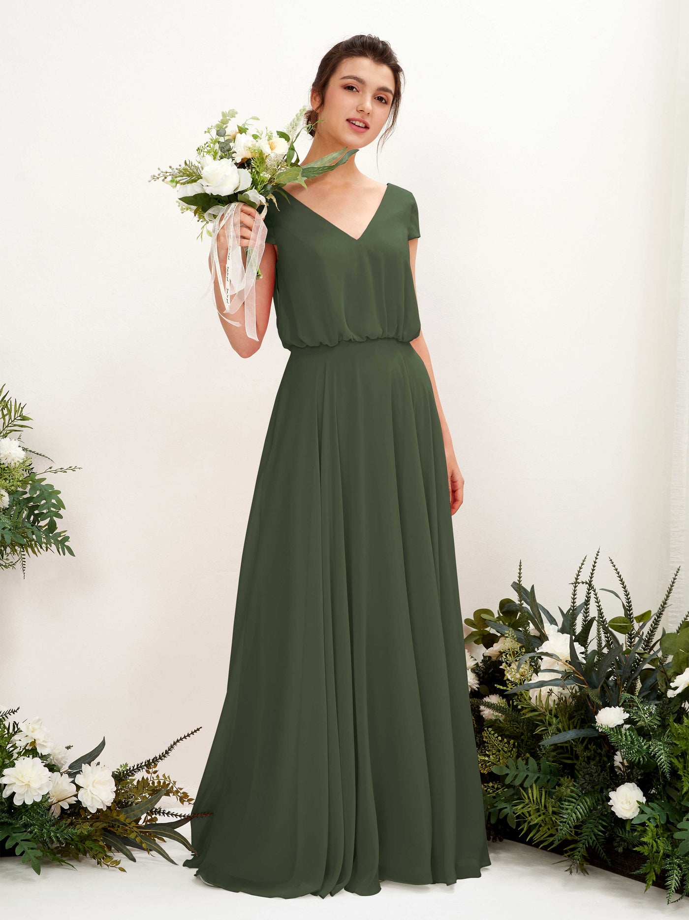 Carlyna Pauline A-Line Martini Olive Bridesmaid Dress Maxi Cap Sleeve V-Neck Dress #color_martini-olive