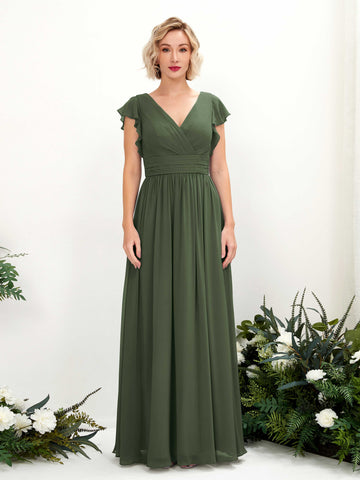 Carlyna Grino A-Line Martini Olive Bridesmaid Dress Maxi Cap Sleeve V-Neck Dress #color_martini-olive