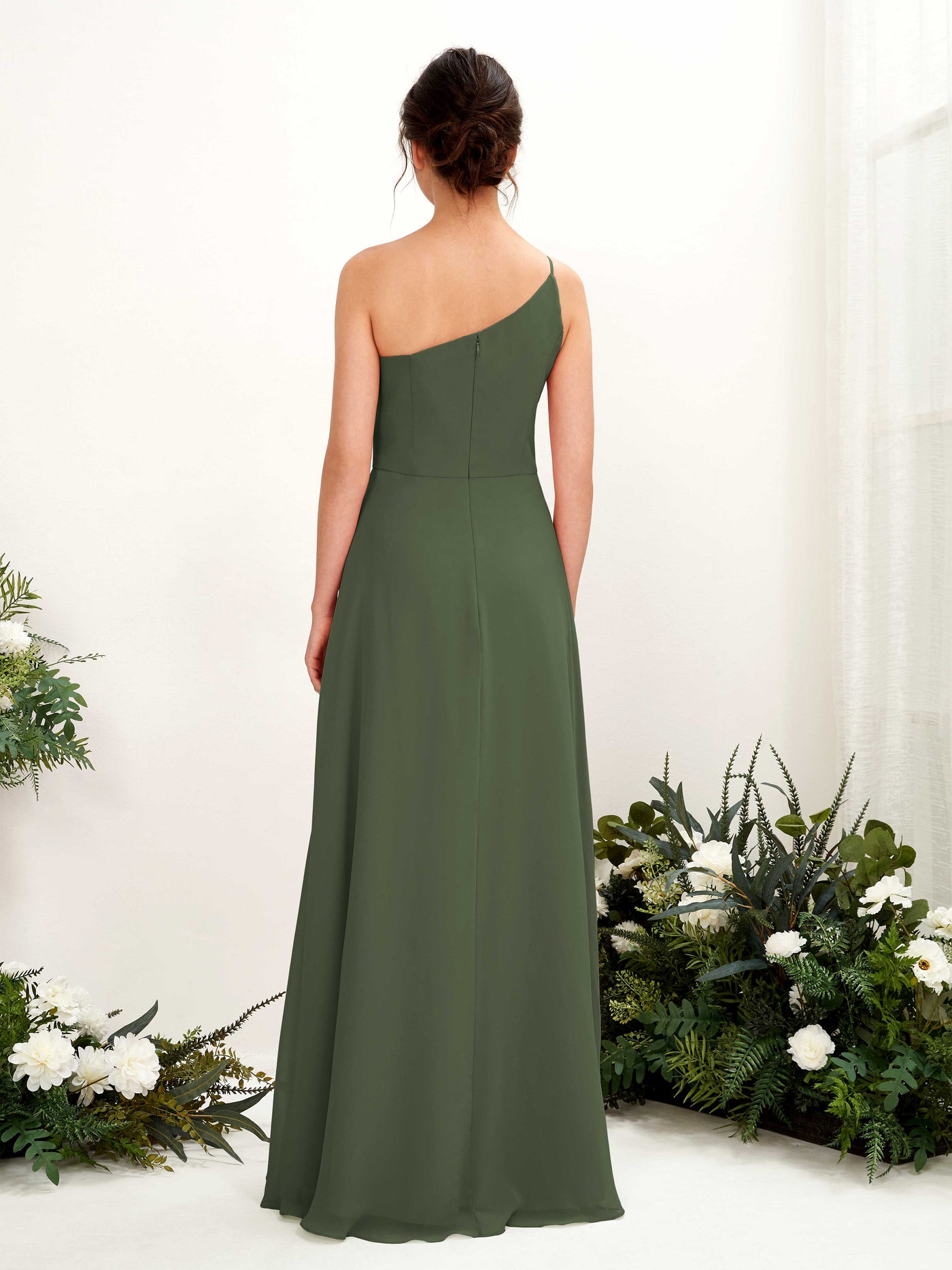 Carlyna Crystal A-Line Martini Olive Bridesmaid Dress Maxi Sleeveless One Shoulder Dress #color_martini-olive