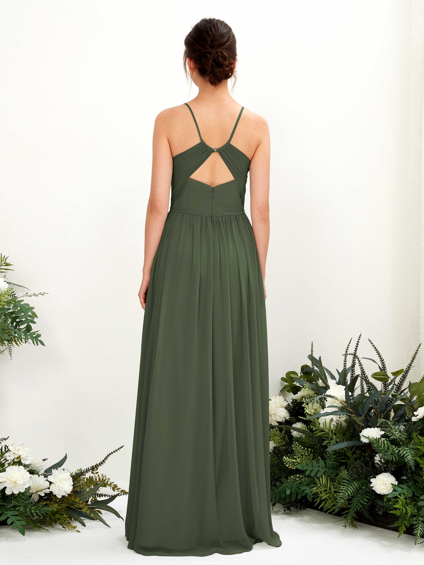 Spaghetti-straps V-neck Chiffon Bridesmaid Dress - Martini Olive (81221407)#color_martini-olive