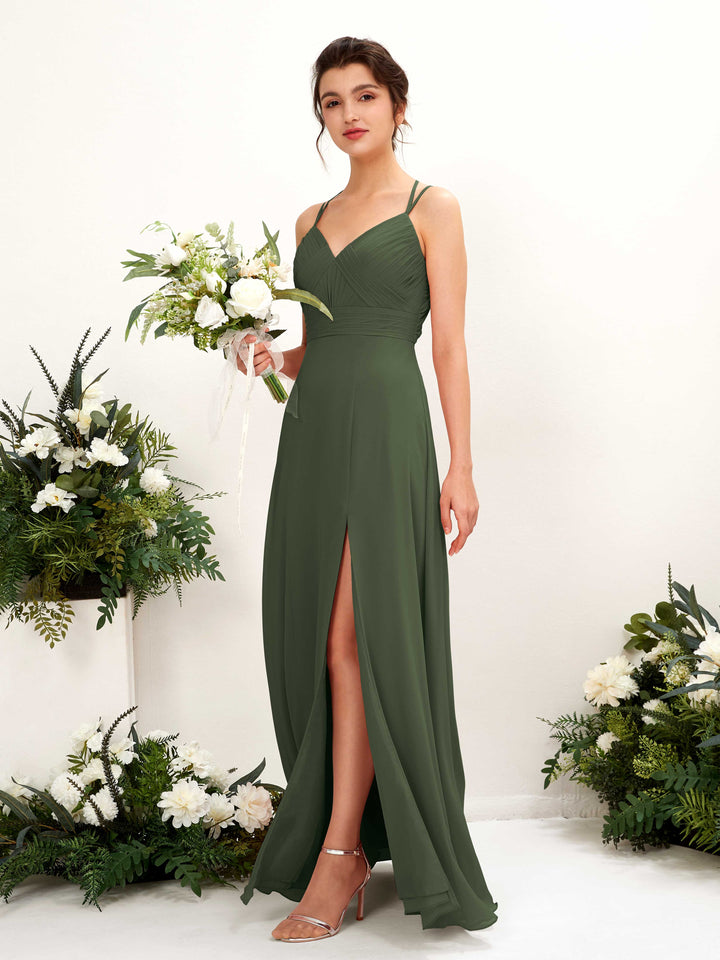 Straps V-neck Sleeveless Chiffon Bridesmaid Dress - Martini Olive (81225407)