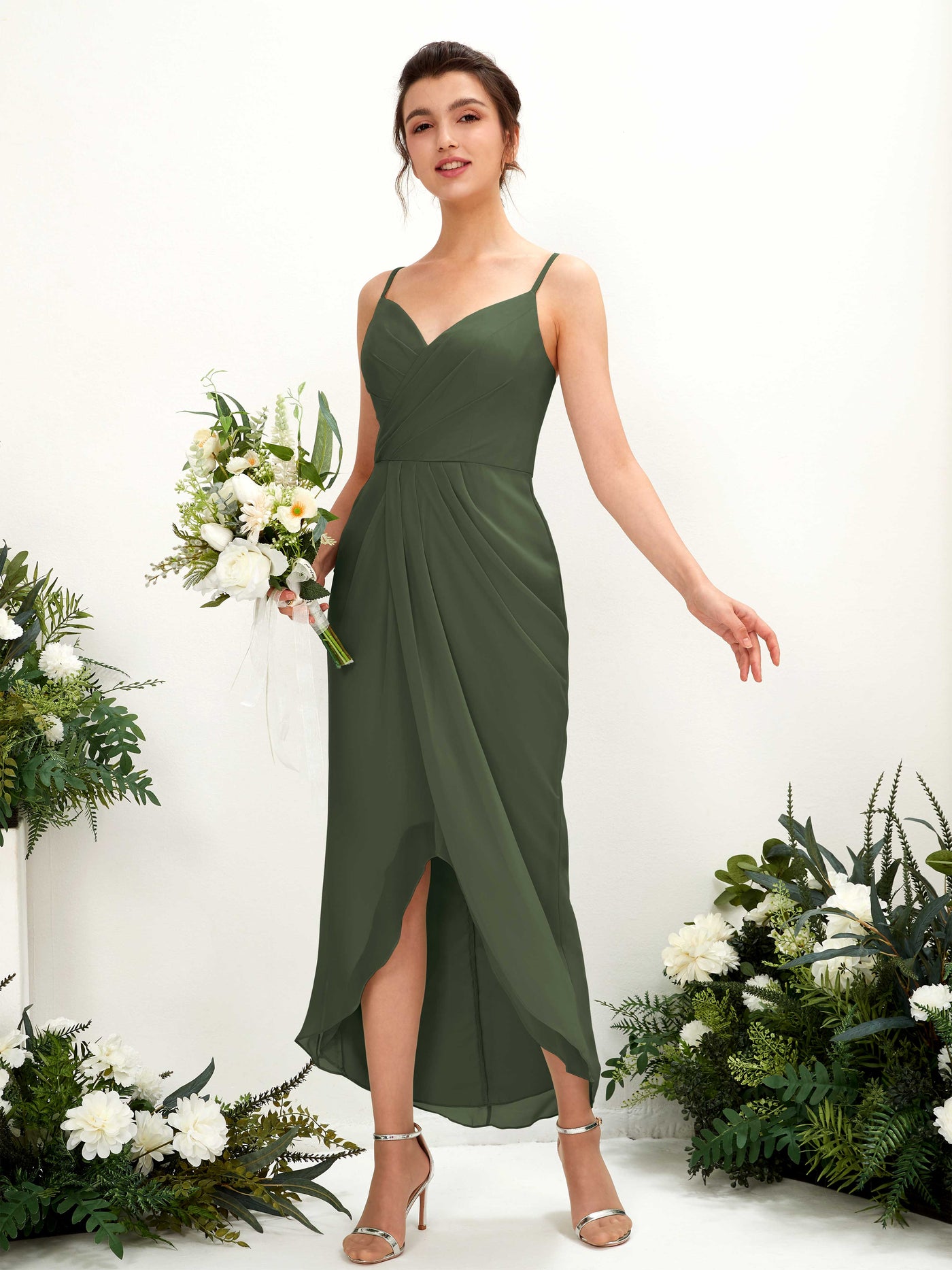 Spaghetti-straps V-neck Sleeveless Chiffon Bridesmaid Dress - Martini Olive (81221307)#color_martini-olive