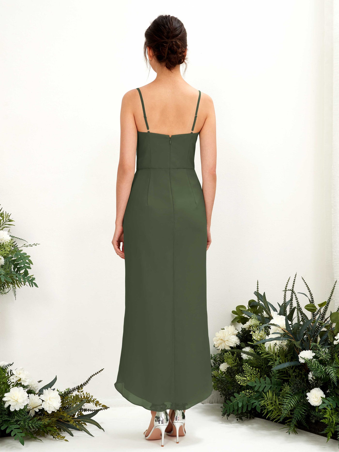 Spaghetti-straps V-neck Sleeveless Chiffon Bridesmaid Dress - Martini Olive (81221307)#color_martini-olive