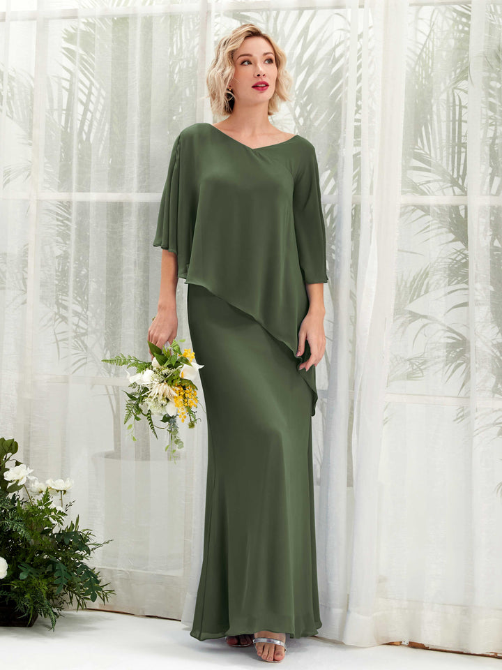 V-neck 3/4 Sleeves Chiffon Bridesmaid Dress - Martini Olive (81222507)