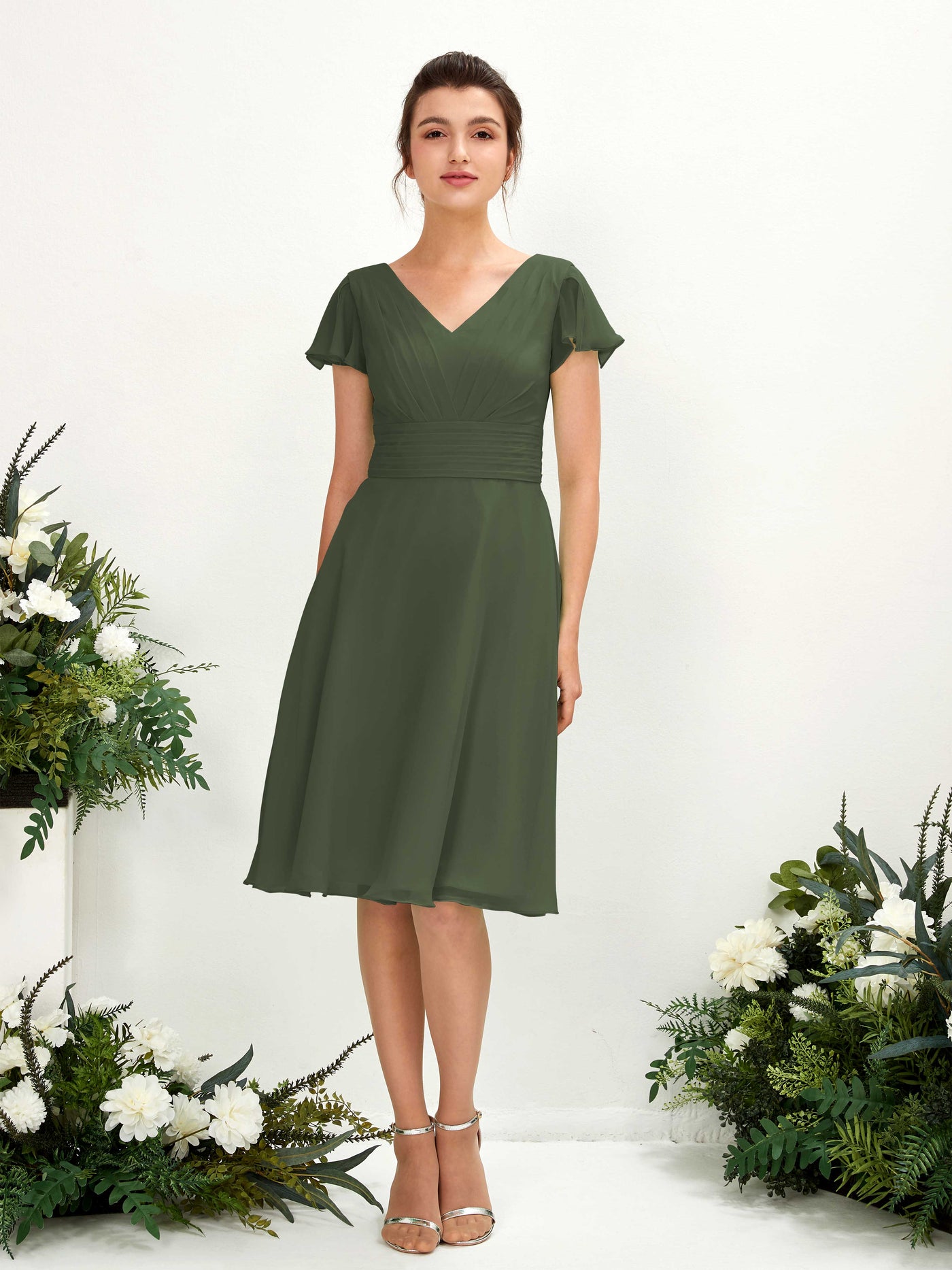 Carlyna Betty A-Line Martini Olive Bridesmaid Dress Knee-Length Short Sleeve V-Neck Dress #color_martini-olive