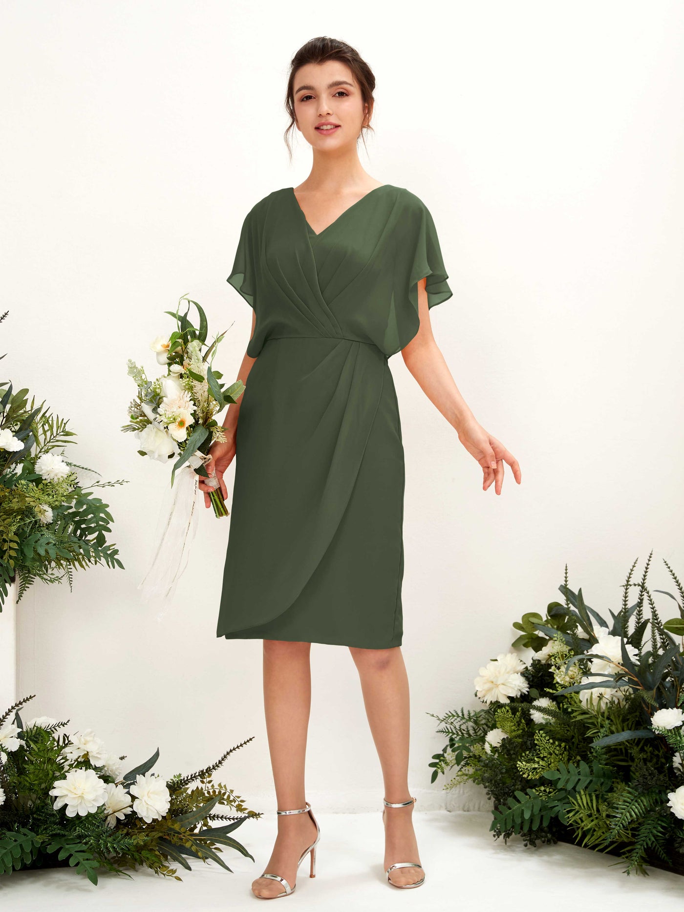 V-neck Short Sleeves Chiffon Bridesmaid Dress - Martini Olive (81222207)#color_martini-olive