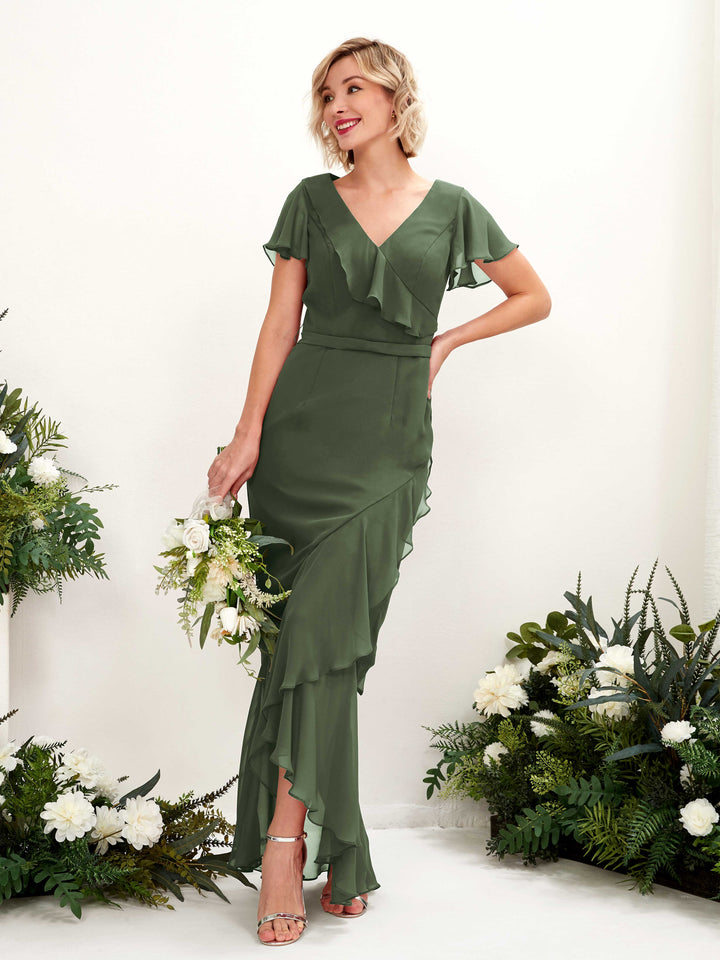 V-neck Short Sleeves Chiffon Bridesmaid Dress - Martini Olive (81226207)