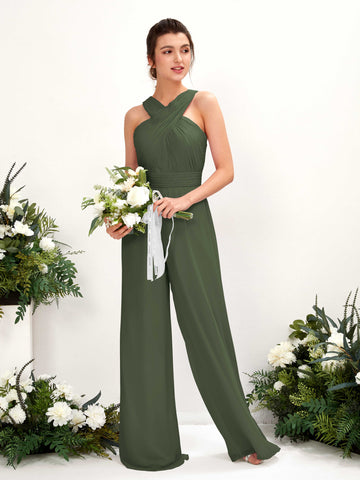 Carlyna Hilona Jumpsuit Martini Olive Bridesmaid Dress Maxi Sleeveless V-Neck Dress #color_martini-olive