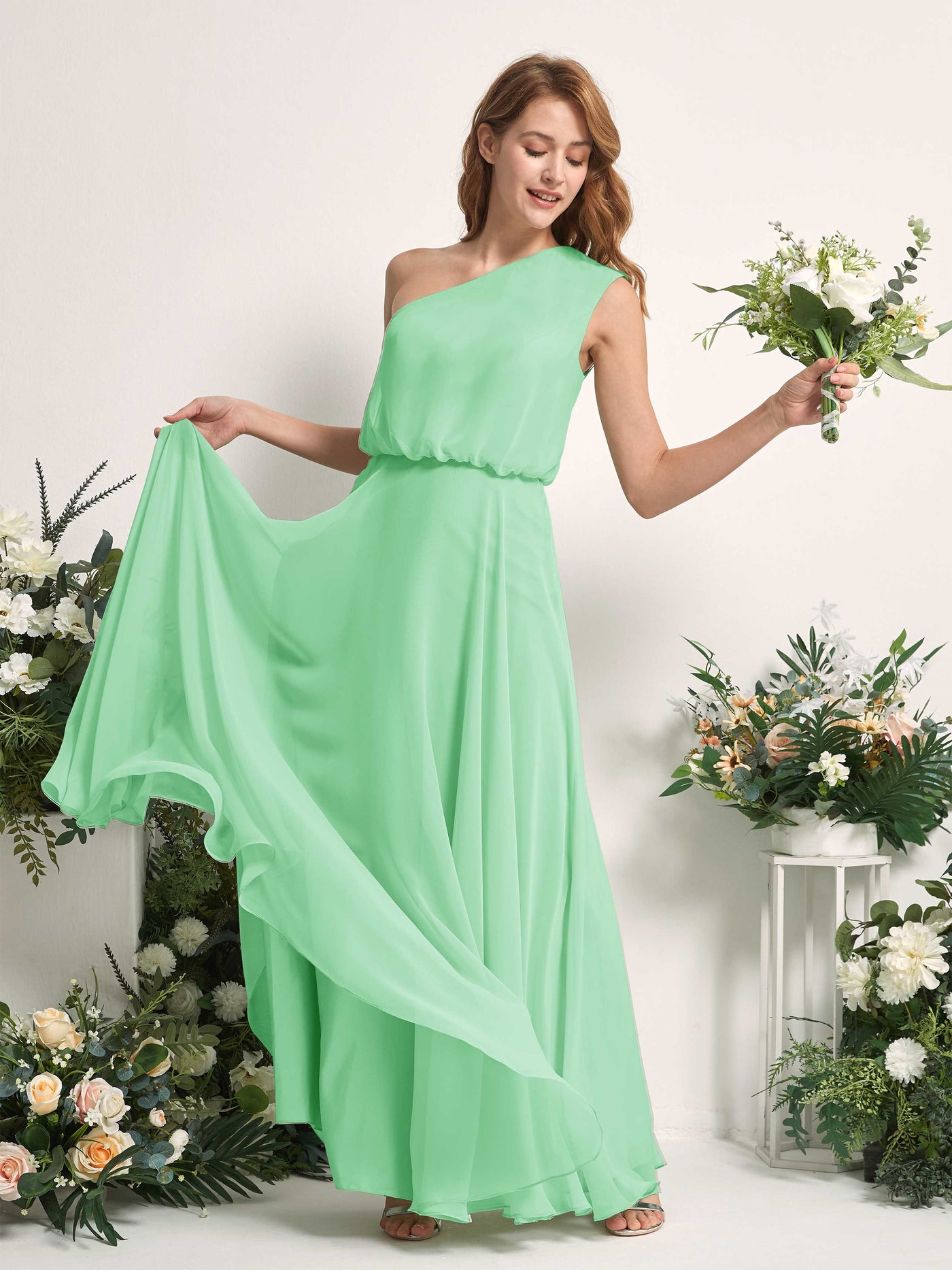 Bridesmaid Dress A-line Chiffon One Shoulder Full Length Sleeveless Wedding Party Dress - Mint Green (81226822)#color_mint-green