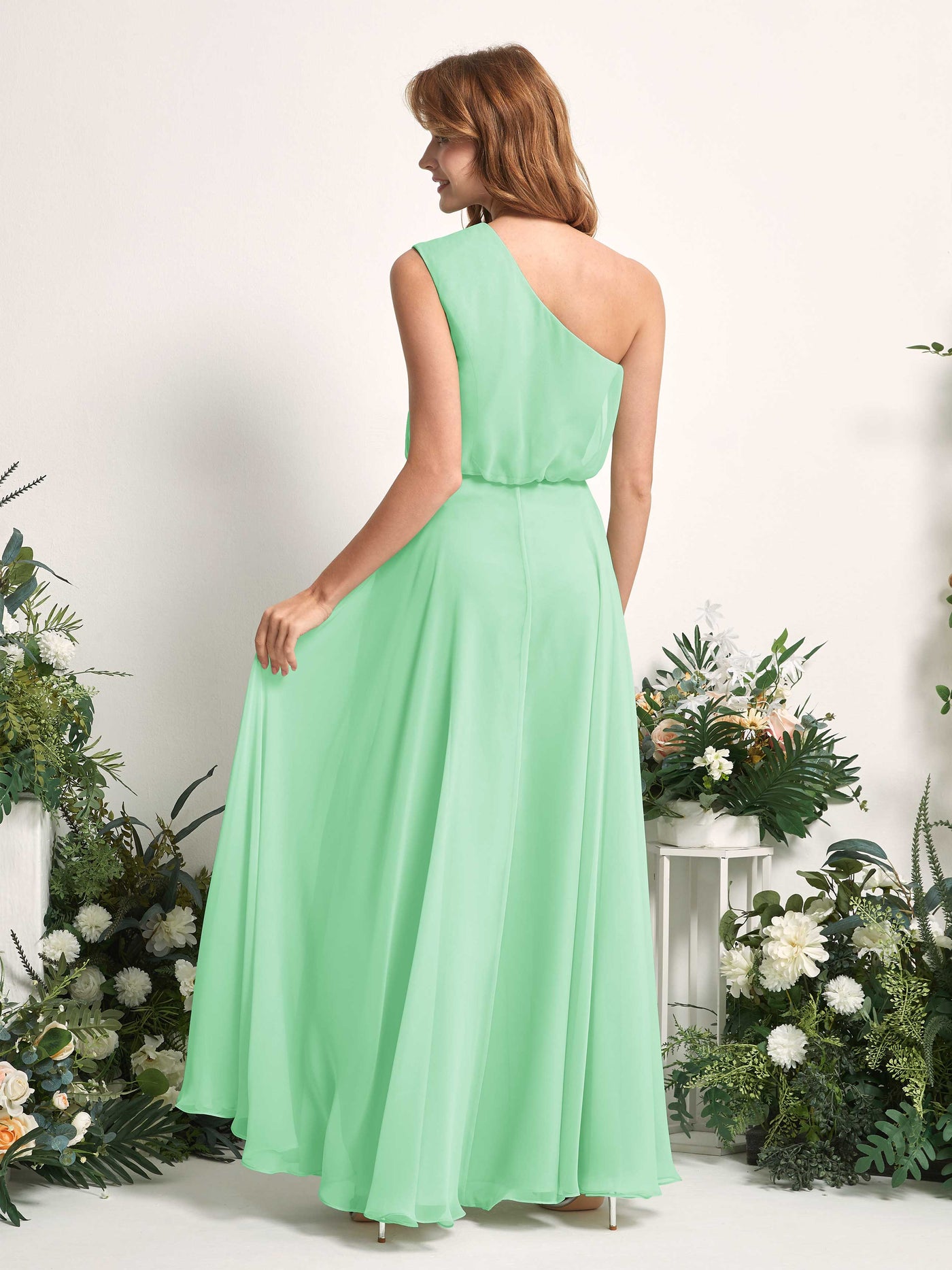 Bridesmaid Dress A-line Chiffon One Shoulder Full Length Sleeveless Wedding Party Dress - Mint Green (81226822)#color_mint-green