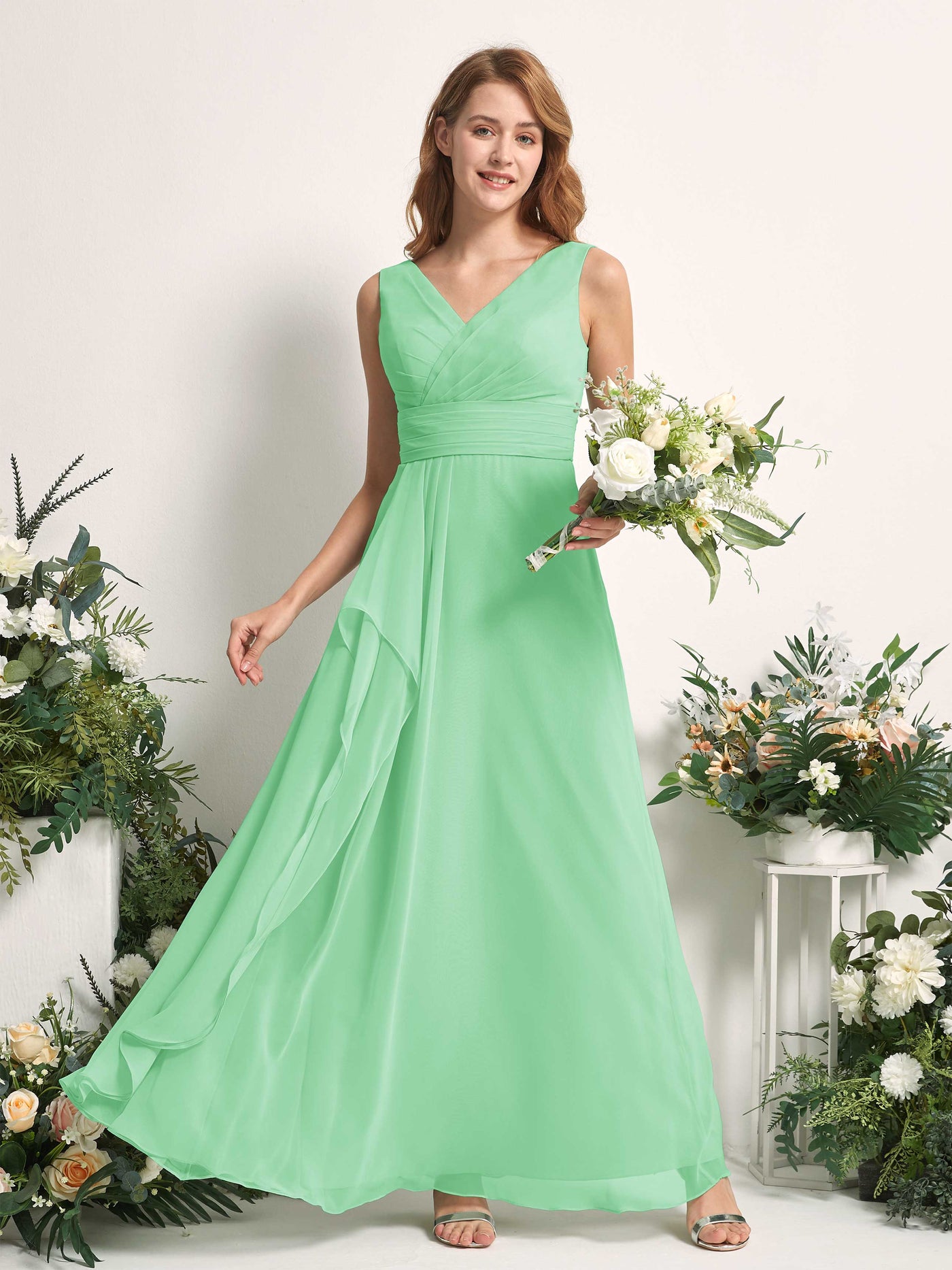 Carlyna Mollie A-Line Mint Green Bridesmaid Dress Maxi Sleeveless V-Neck Dress #color_mint-green