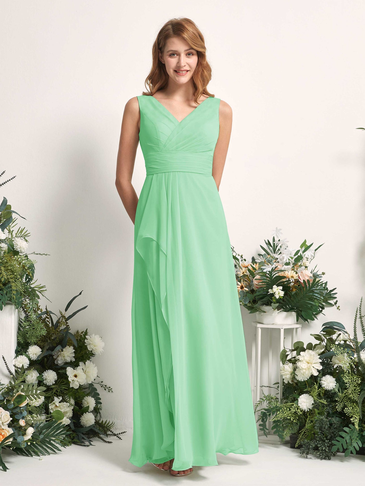 Carlyna Mollie A-Line Mint Green Bridesmaid Dress Maxi Sleeveless V-Neck Dress #color_mint-green