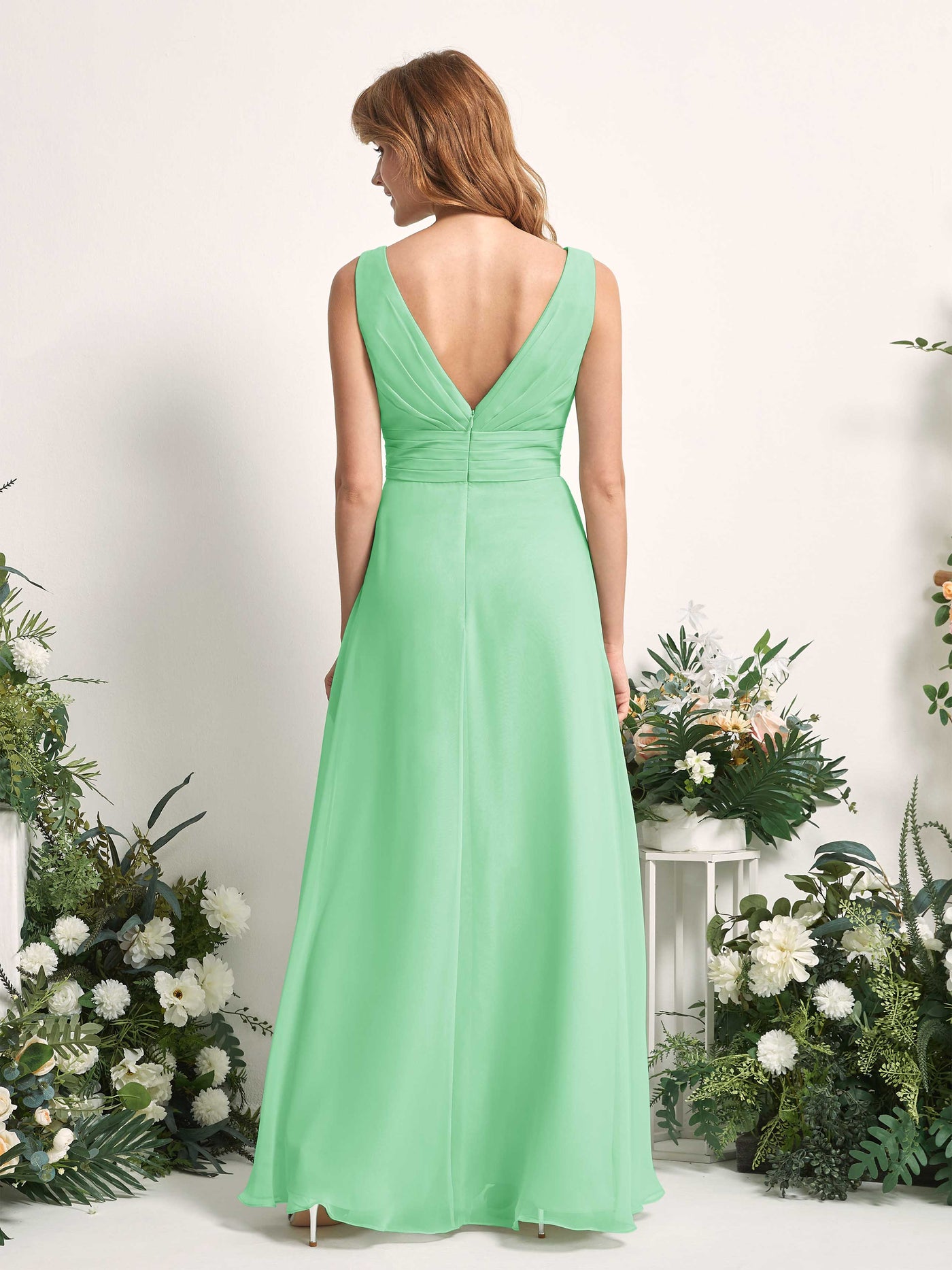 Carlyna Mollie A-Line Mint Green Bridesmaid Dress Maxi Sleeveless V-Neck Dress #color_mint-green