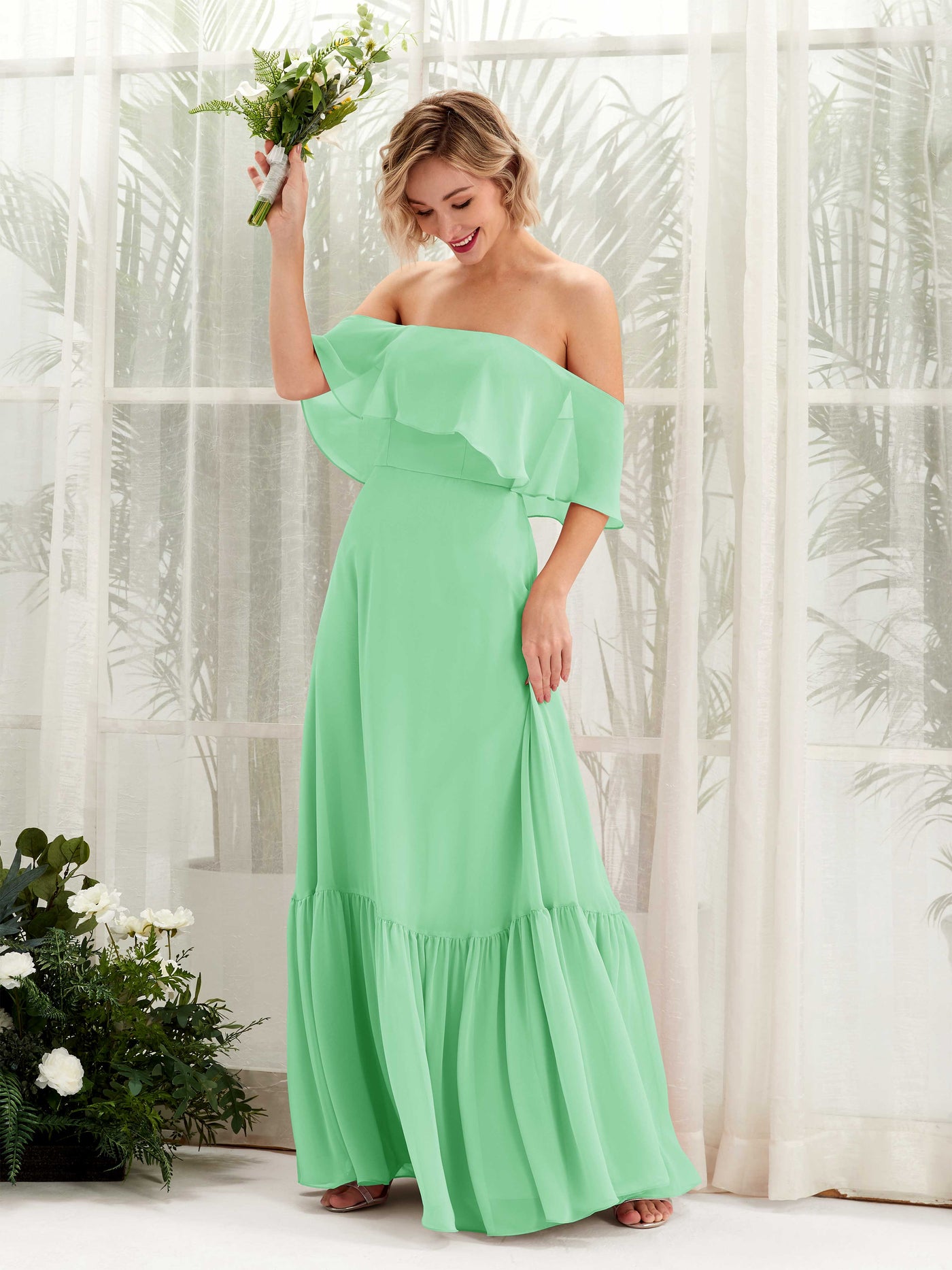 A-line Off Shoulder Chiffon Bridesmaid Dress - Mint Green (81224522)#color_mint-green