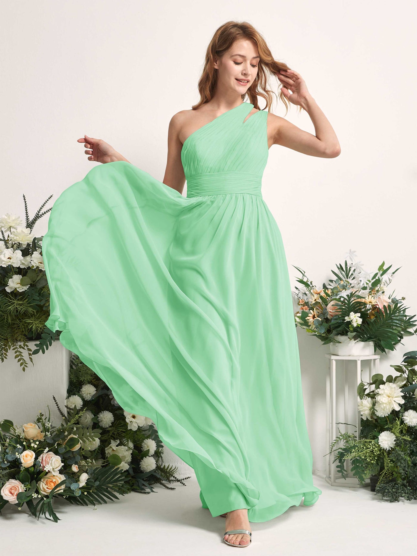 Carlyna Evelyn A-Line Mint Green Bridesmaid Dress Maxi Sleeveless One Shoulder Dress #color_mint-green