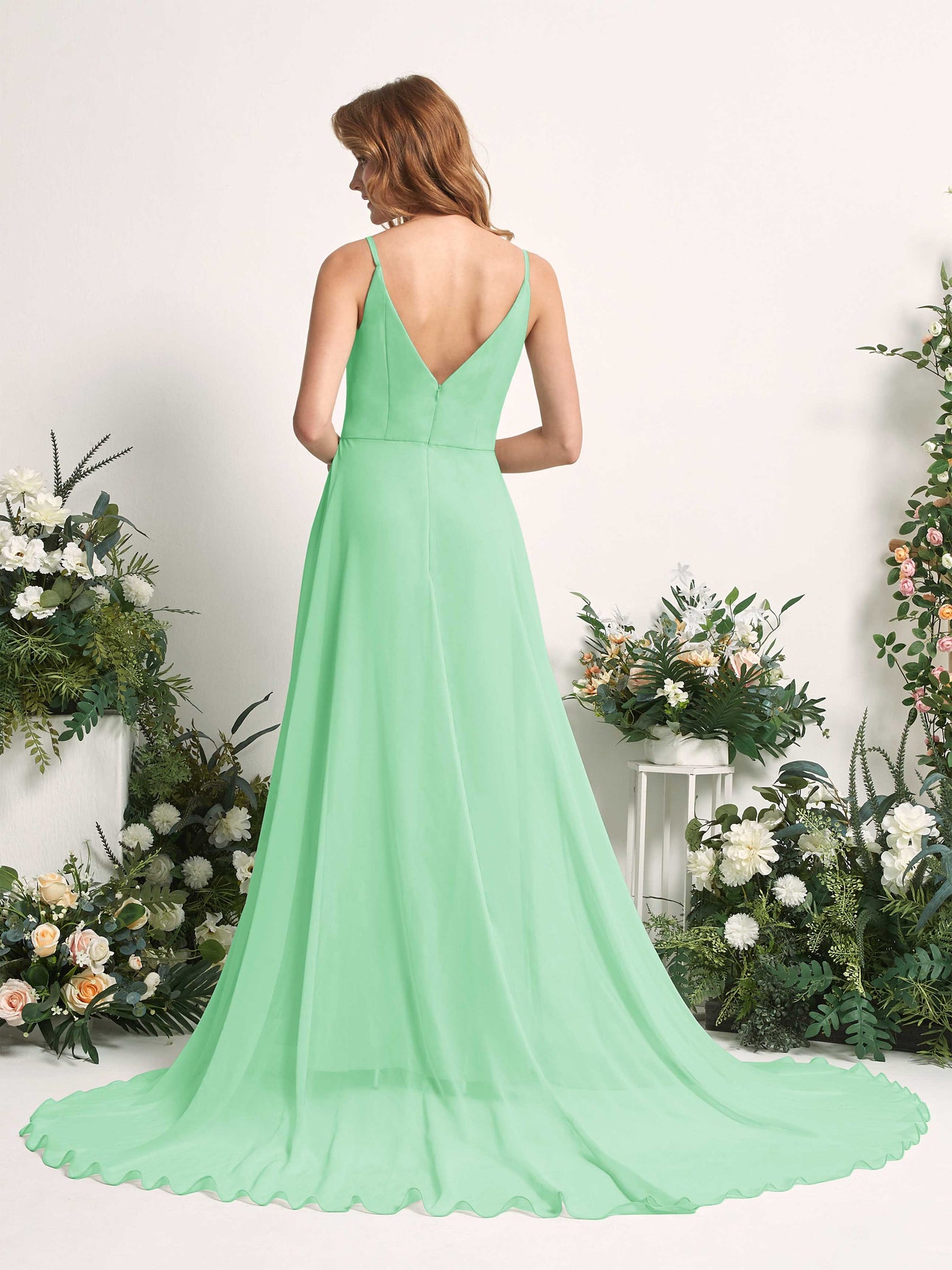 Bridesmaid Dress A-line Chiffon Spaghetti-straps Full Length Sleeveless Wedding Party Dress - Mint Green (81227722)#color_mint-green