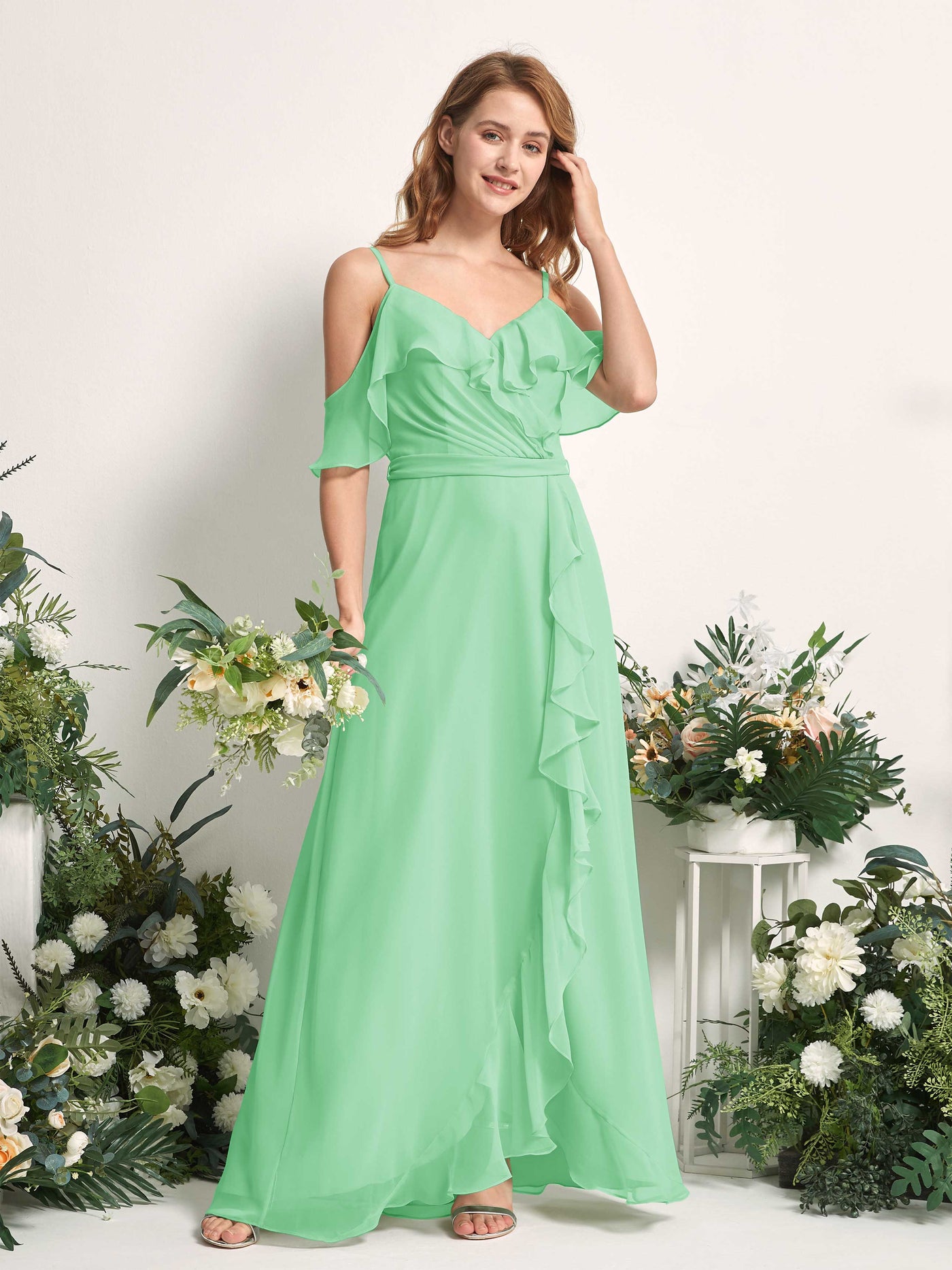 Bridesmaid Dress A-line Chiffon Spaghetti-straps Full Length Sleeveless Wedding Party Dress - Mint Green (81227422)#color_mint-green