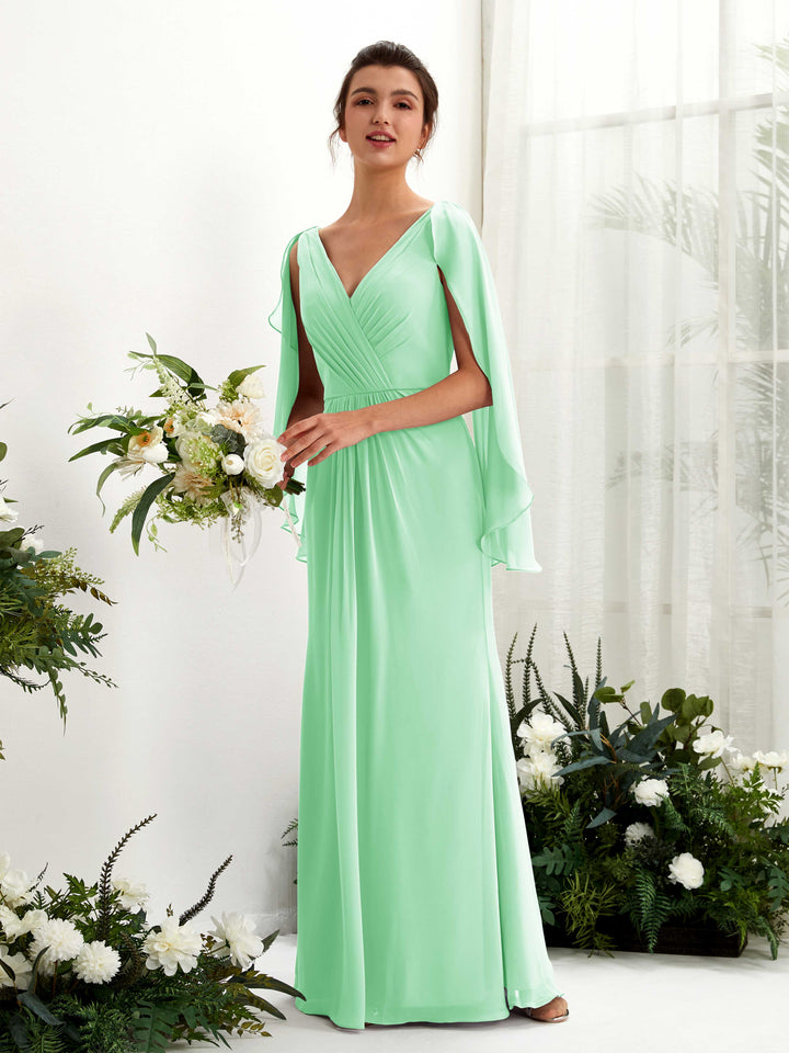 Carlyna Alain A-Line Mint Green Bridesmaid Dress Maxi Cap Sleeve V-Neck Dress 