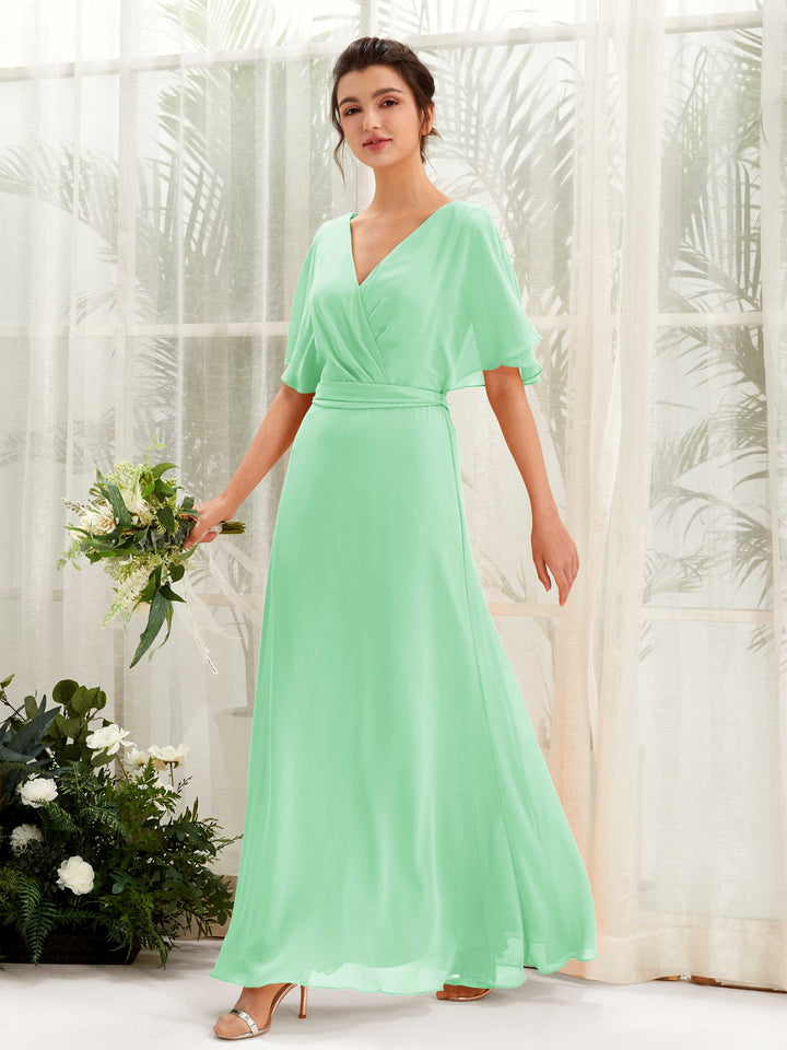 Carlyna Merta A-Line Mint Green Bridesmaid Dress Maxi Short Sleeve V-Neck Dress 