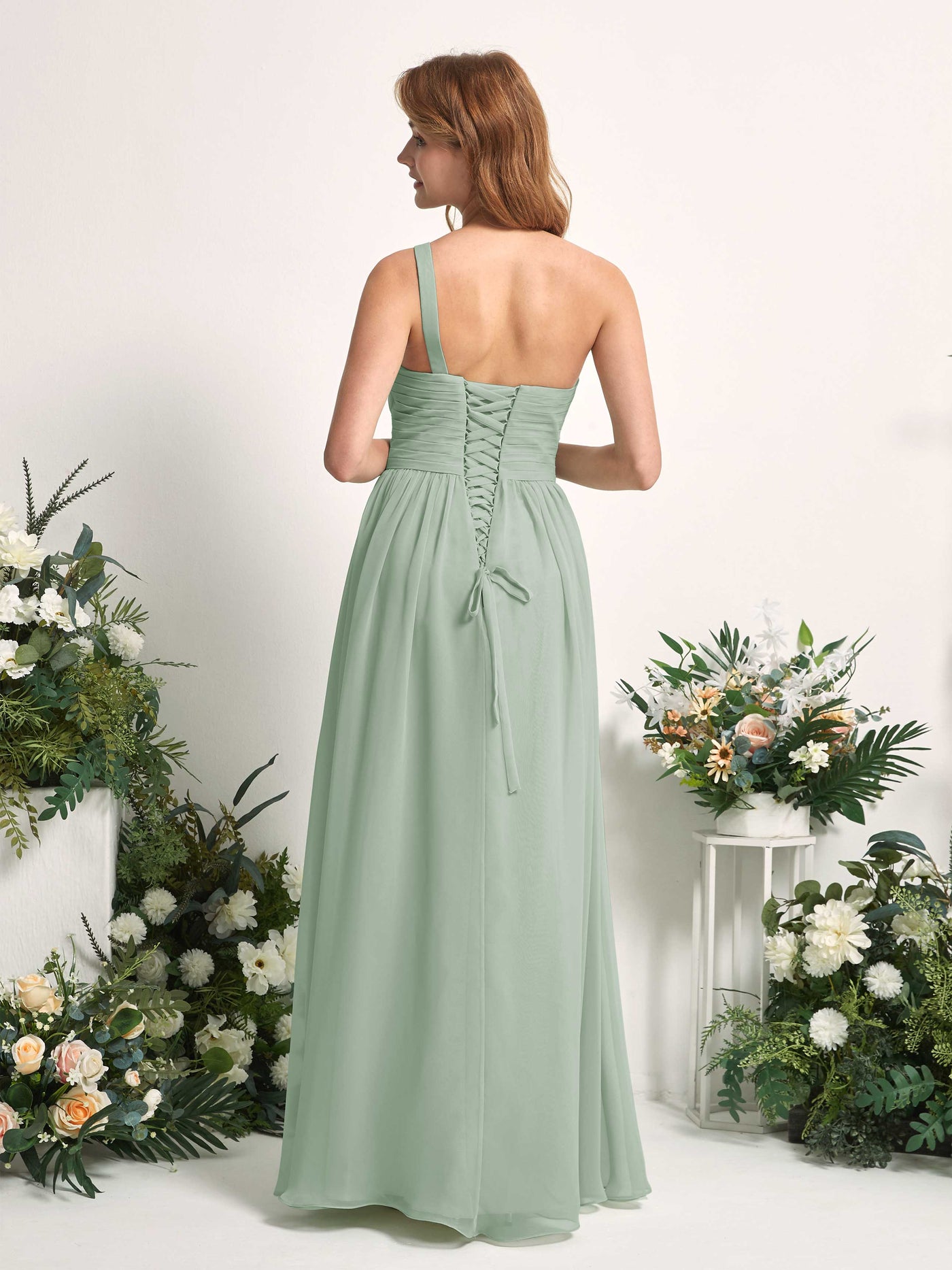 Bridesmaid Dress A-line Chiffon One Shoulder Full Length Sleeveless Wedding Party Dress - Sage Green (81226705)#color_sage-green