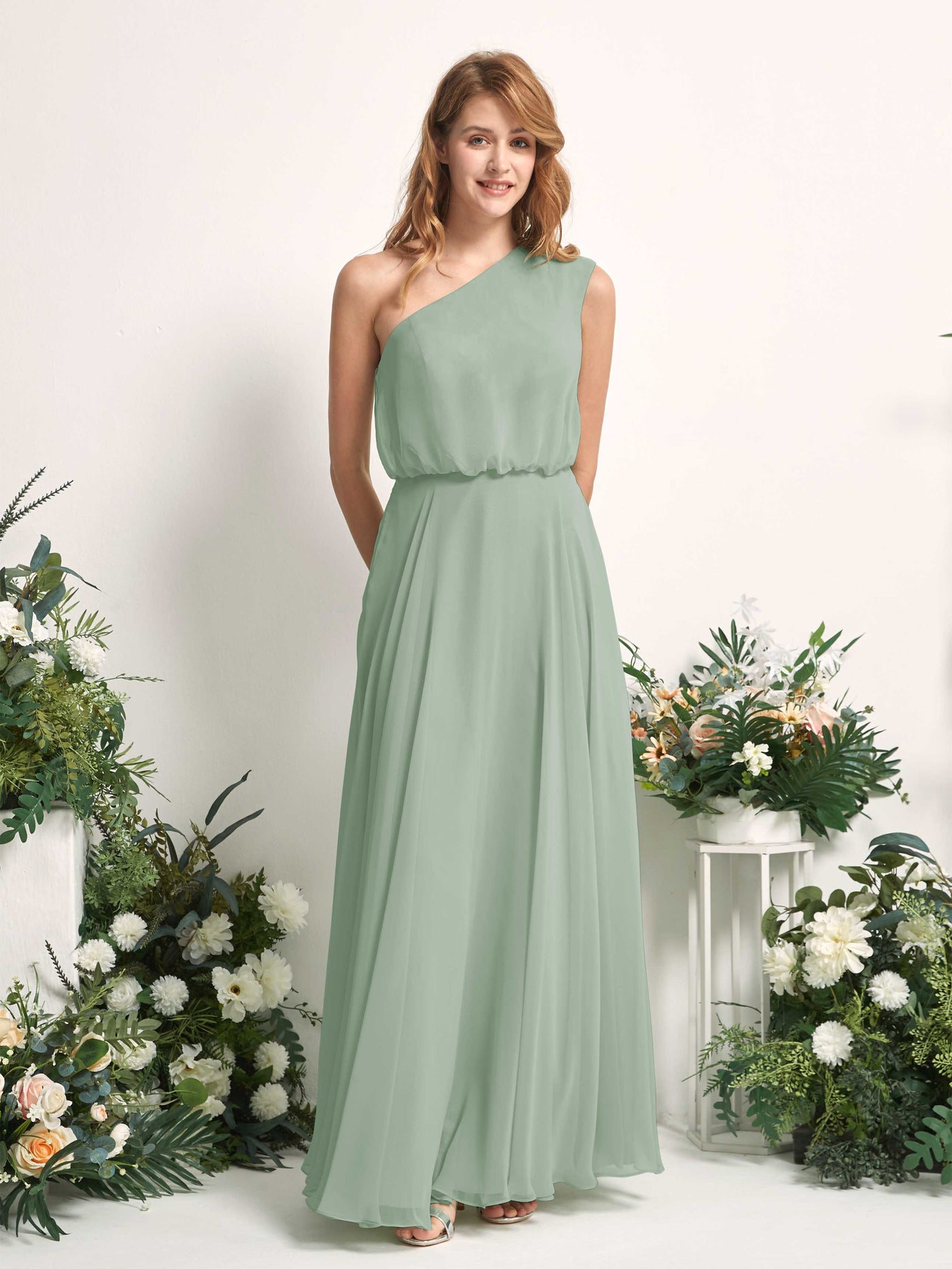 Bridesmaid Dress A-line Chiffon One Shoulder Full Length Sleeveless Wedding Party Dress - Sage Green (81226805)#color_sage-green