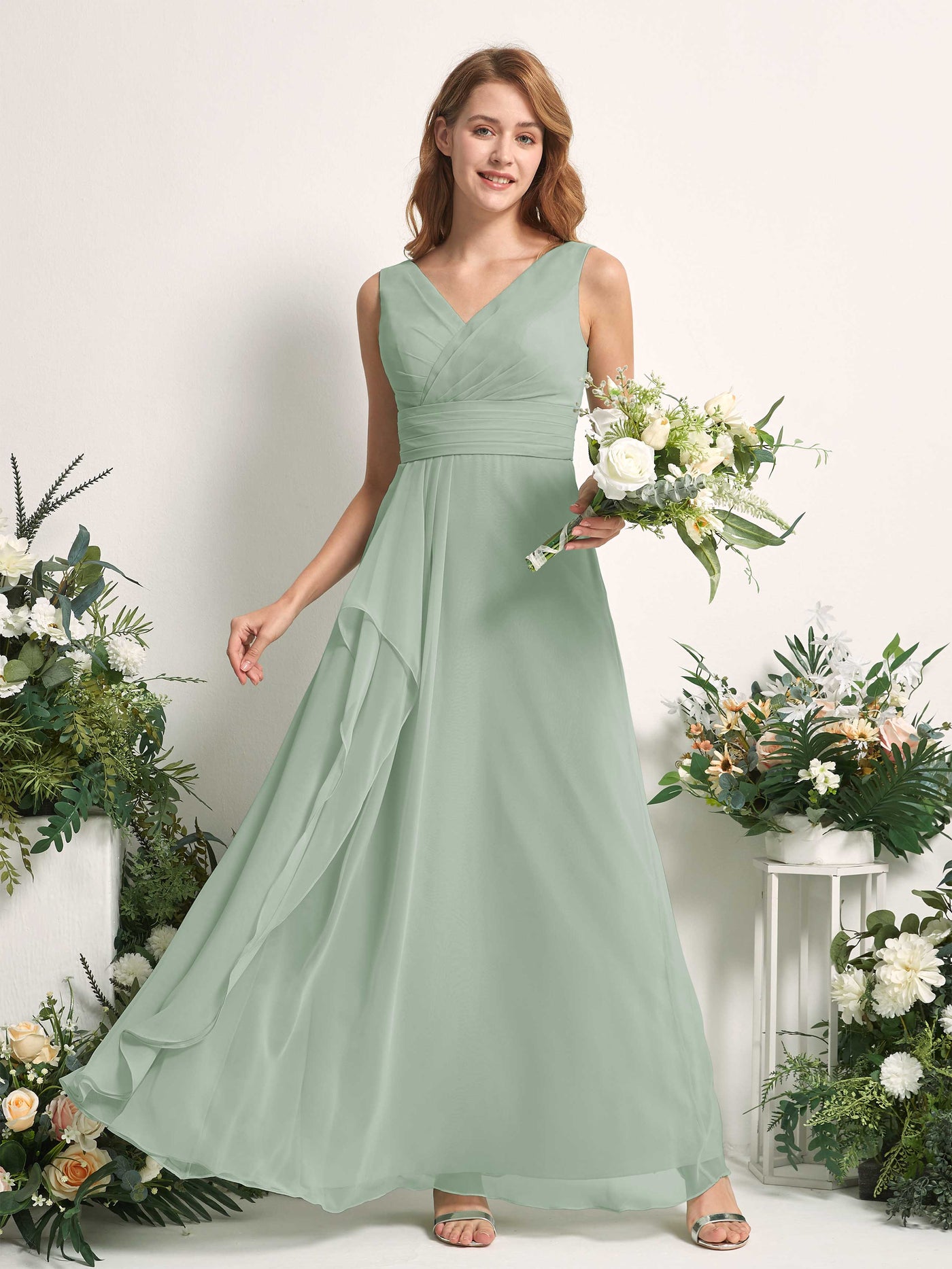 Carlyna Mollie A-Line Sage Green Bridesmaid Dress Maxi Sleeveless V-Neck Dress #color_sage-green