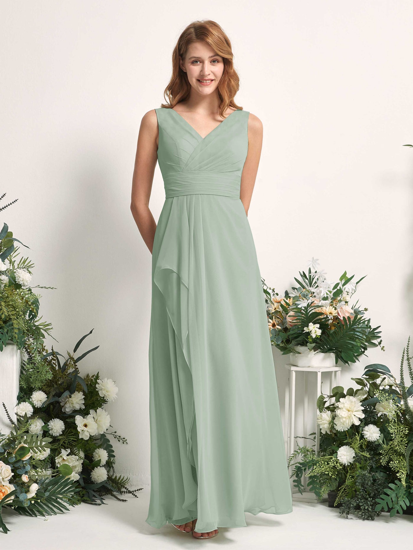 Carlyna Mollie A-Line Sage Green Bridesmaid Dress Maxi Sleeveless V-Neck Dress #color_sage-green