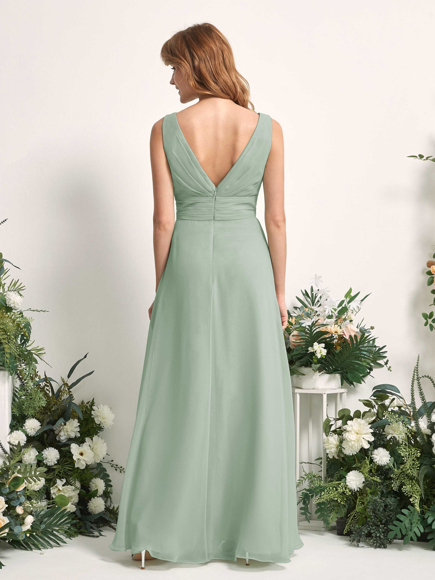 Carlyna Mollie A-Line Sage Green Bridesmaid Dress Maxi Sleeveless V-Neck Dress #color_sage-green