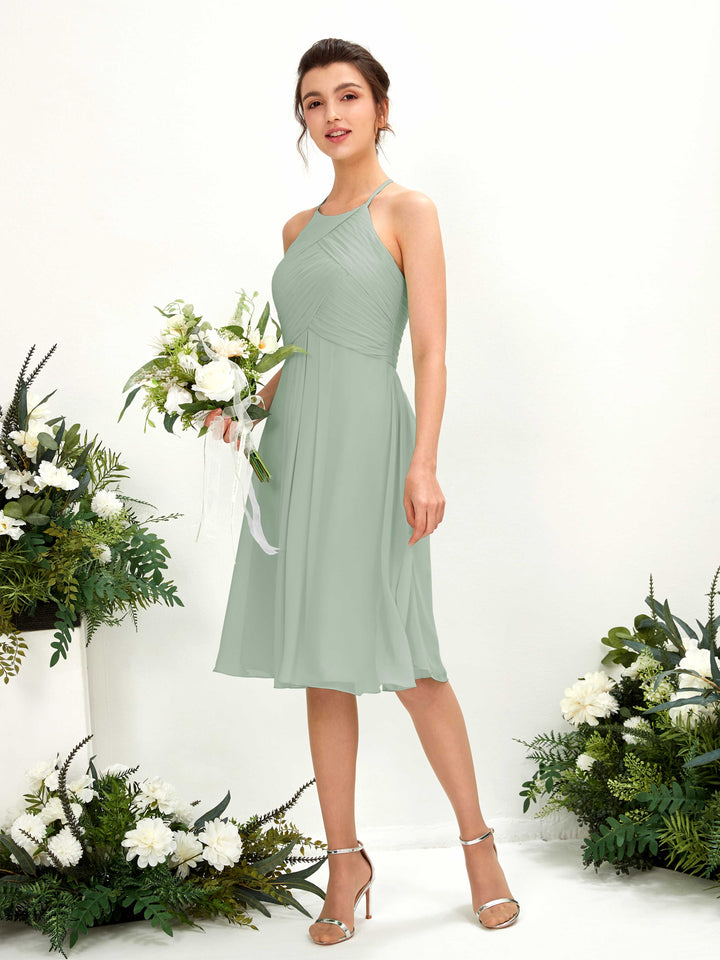 A-line Halter Sleeveless Chiffon Bridesmaid Dress - Sage Green (81220405)